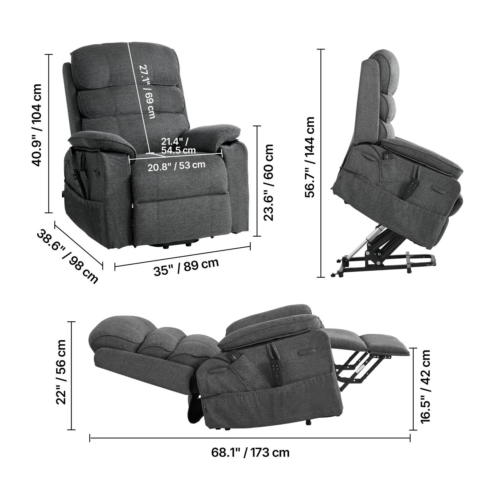 - Height: 40.9" / 104 cm
- Width: 38.6" / 98 cm
- Depth: 20.8" / 53 cm
- Seat Height: 21.4" / 54.5 cm
- Armrest Height: 27.1" / 69 cm
- Seat Depth: 22" / 56 cm
- Back Height: 56.7" / 144 cm
- Overall Length: 68.1" / 173 cm
- Width of Footrest: 16.5" / 42 cm