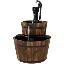 Sunnydaze - Rustic 2-Tier Wood Barrel Water Fountain with Hand Pump - 34 in - Brown