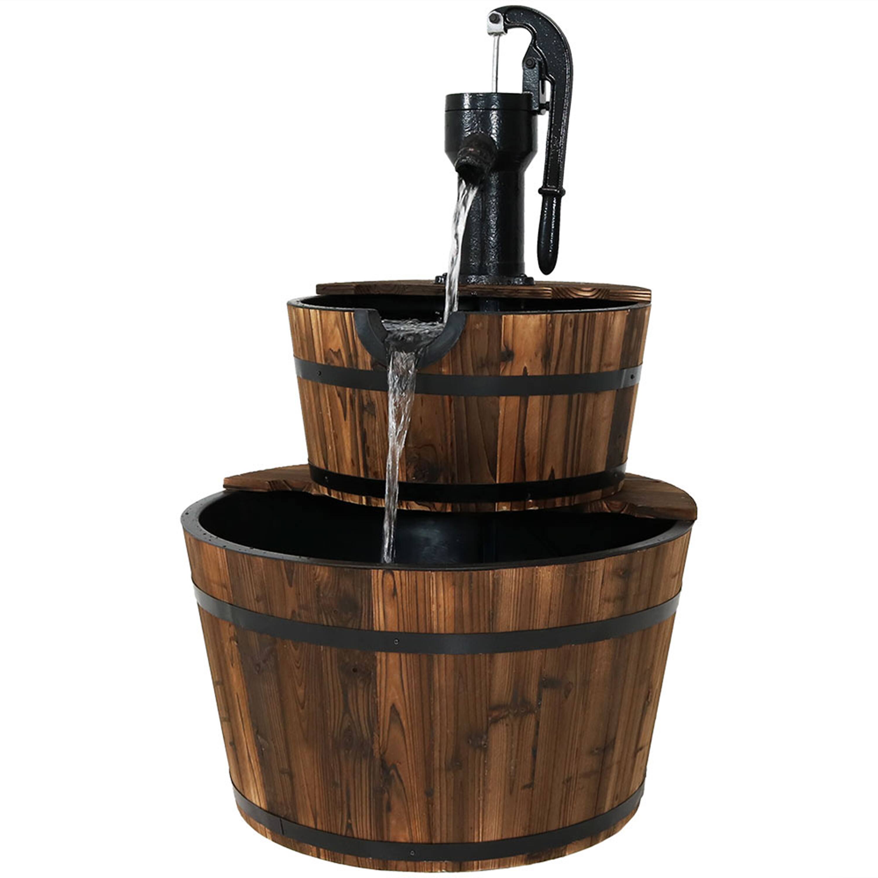 Front. Sunnydaze - Rustic 2-Tier Wood Barrel Water Fountain with Hand Pump - 34 in - Brown.