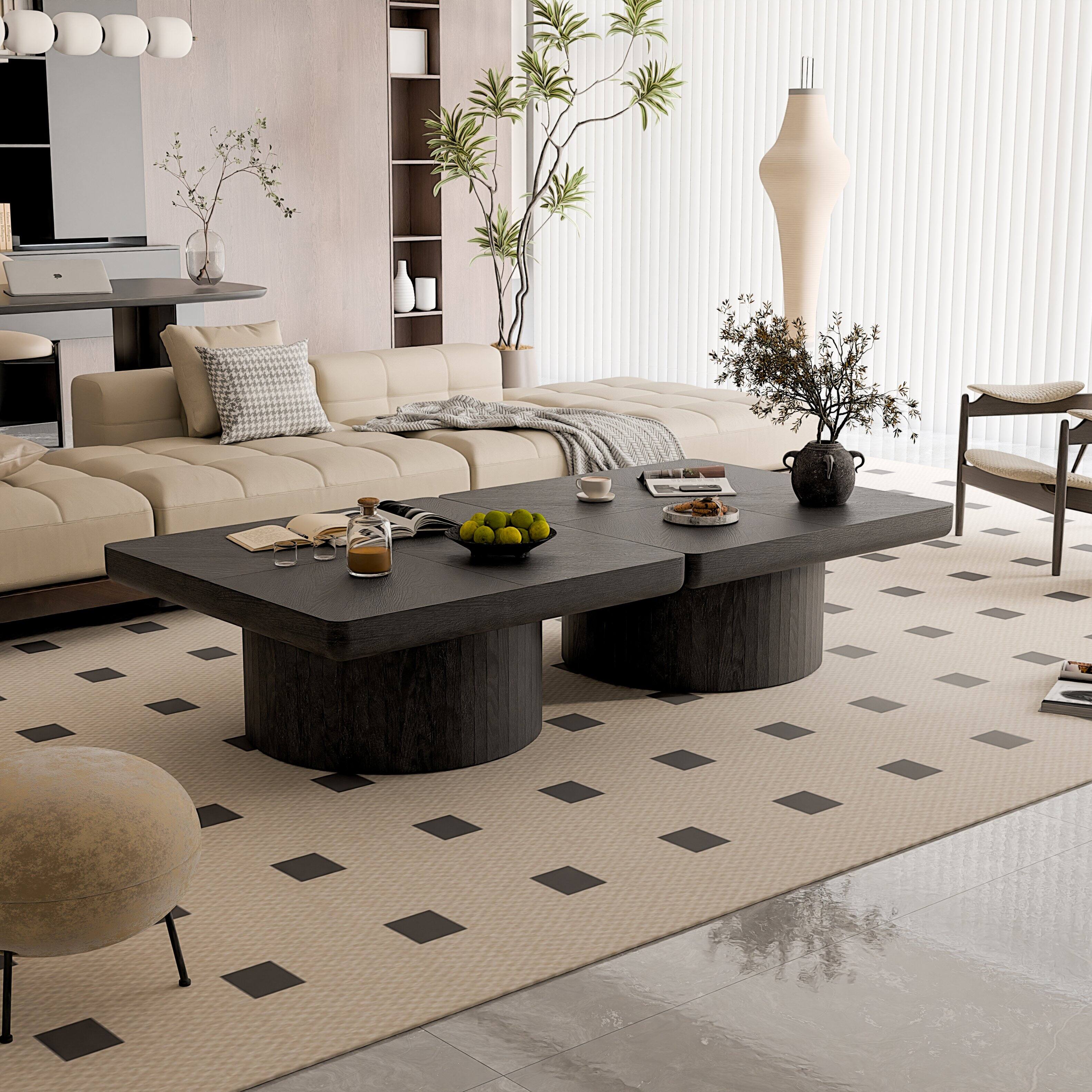 Angle. Loheer - Loheer 34.6 Inch Square Coffee Table Modern Black Wood Veneer Center Table with Parquet Pattern and Cylindrical Base - Black.
