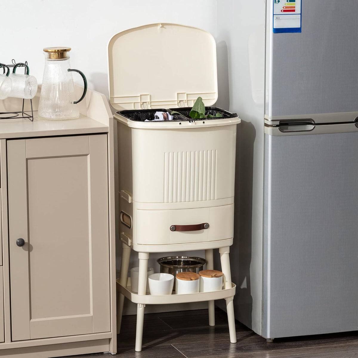 Left. Hivvago - 8 Gallon Elevated Trash Kitchen Can with Lid and Storage Shelf in Cream - Cream.