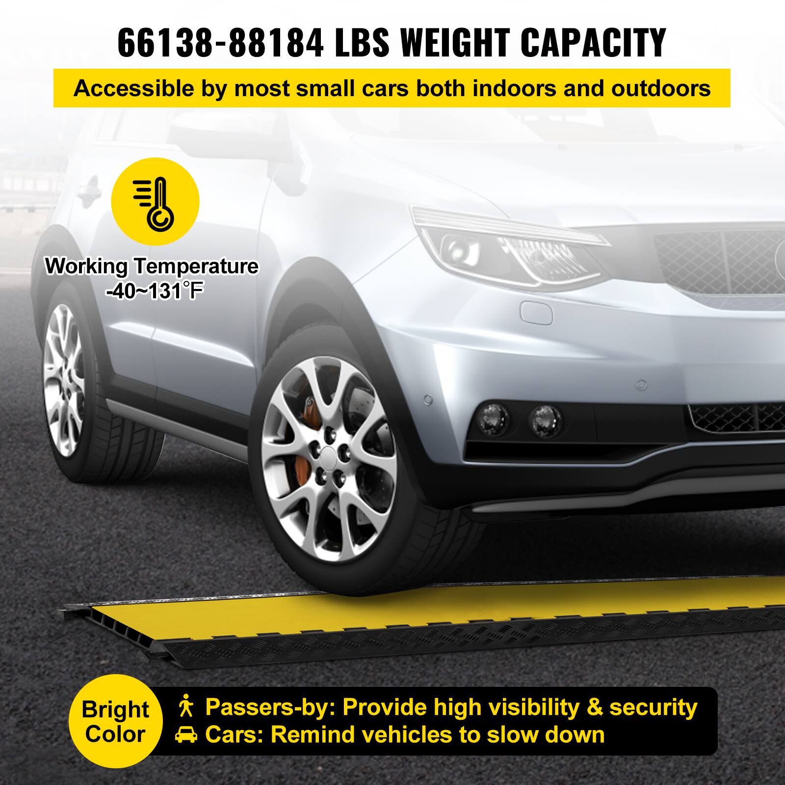 66138-88184 LBS WEIGHT CAPACITY
Accessible by most small cars both indoors and outdoors
Working Temperature -40~131°F
Bright Color
Passers-by: Provide high visibility & security
Cars: Remind vehicles to slow down