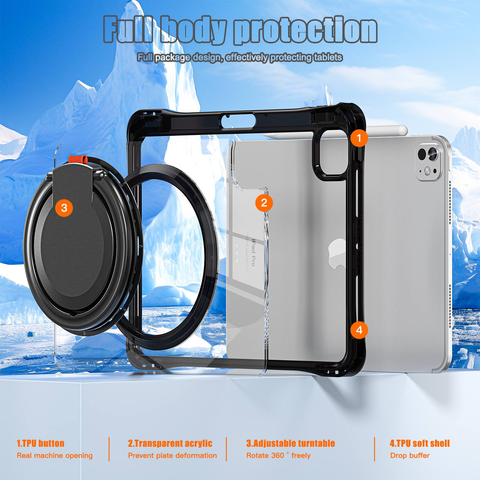 Full body protection  
Full package design, effectively protecting tablets  

1. TPU button  
Real machine opening  

2. Transparent acrylic  
Prevent plate deformation  

3. Adjustable turntable  
Rotate 360° freely  

4. TPU soft shell  
Drop buffer