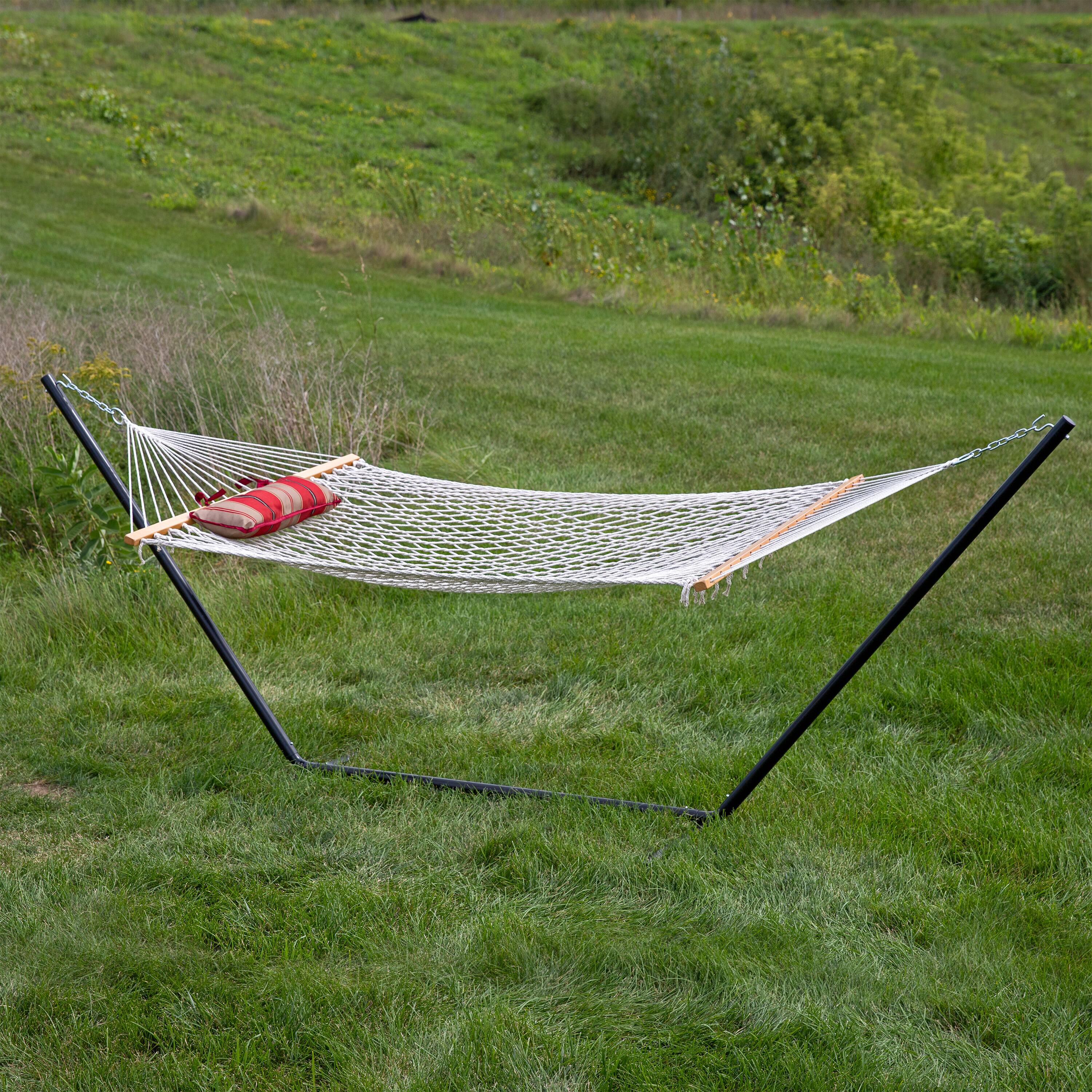 Alt View 5. Sunnydaze - Cotton Rope Hammock with Steel Stand and Pad/Pillow - Awning Stripe.
