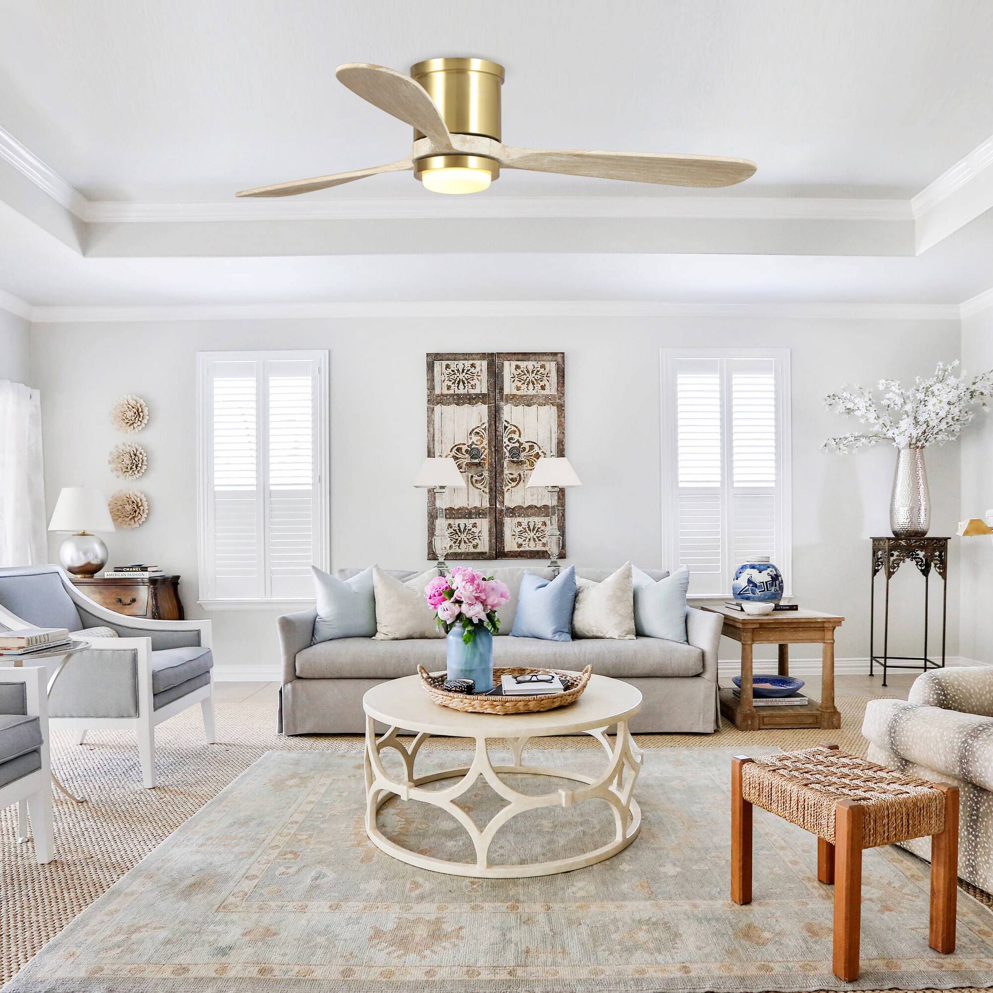 Left. Parrot Uncle - 52" Wood 3-Blade Low Profile/ Flush Mount Ceiling Fan with Light and Remote - Gold.