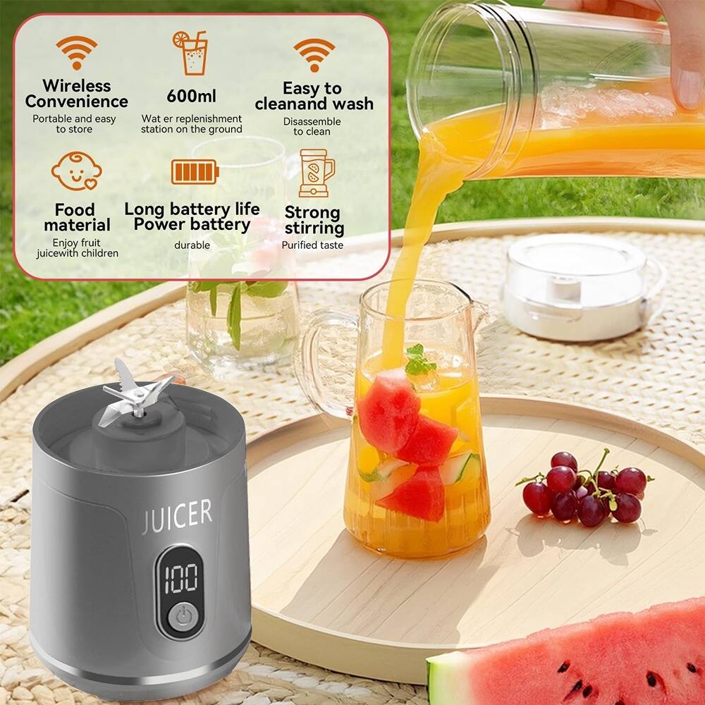 - Wireless Convenience
  - Portable and easy to store

- 600ml
  - Water replenishment station on the ground

- Easy to clean and wash
  - Disassemble to clean

- Food material
  - Enjoy fruit juice with children

- Long battery life
  - Power battery durable

- Strong stirring
  - Purified taste

- JUICER