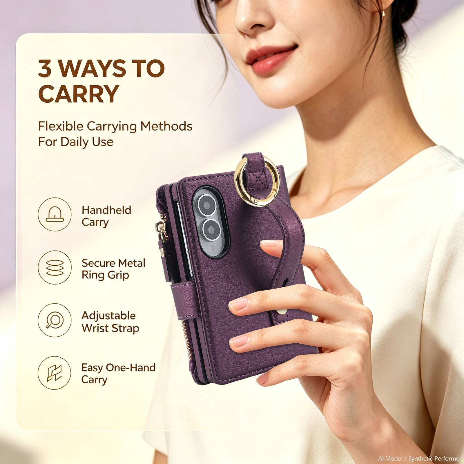 3 WAYS TO CARRY  
Flexible Carrying Methods For Daily Use  
- Handheld Carry  
- Secure Metal Ring Grip  
- Adjustable Wrist Strap  
- Easy One-Hand Carry  

AI Model / Synthetic Performer