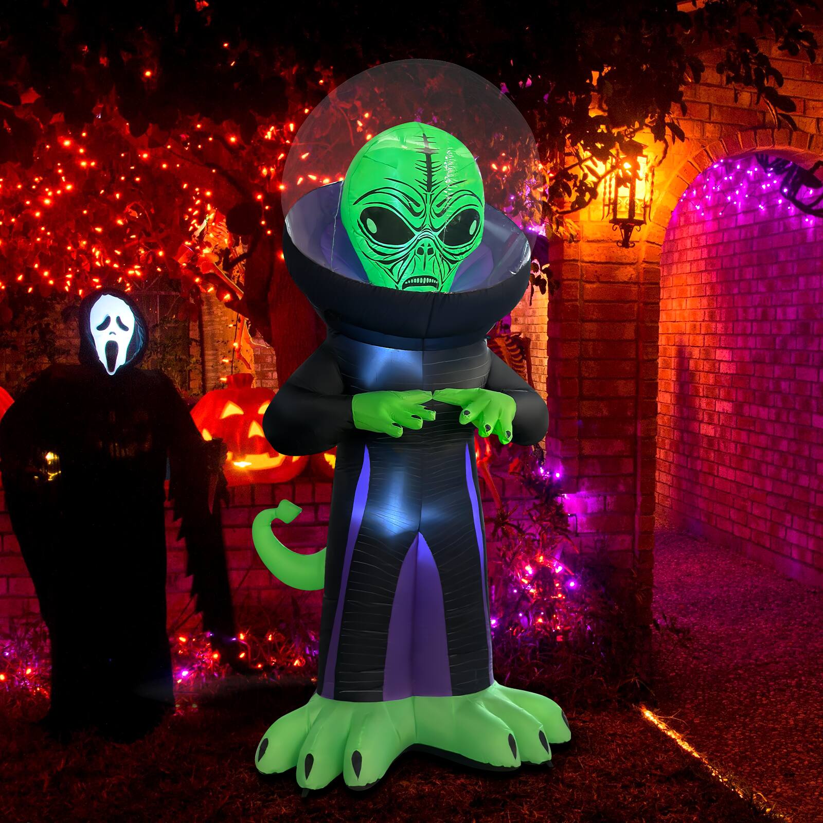 Left. GOOSH Inflatables - GOOSH 9FT Inflatable Alien with Space Helmet – Light-Up Halloween Yard Decoration - Black.