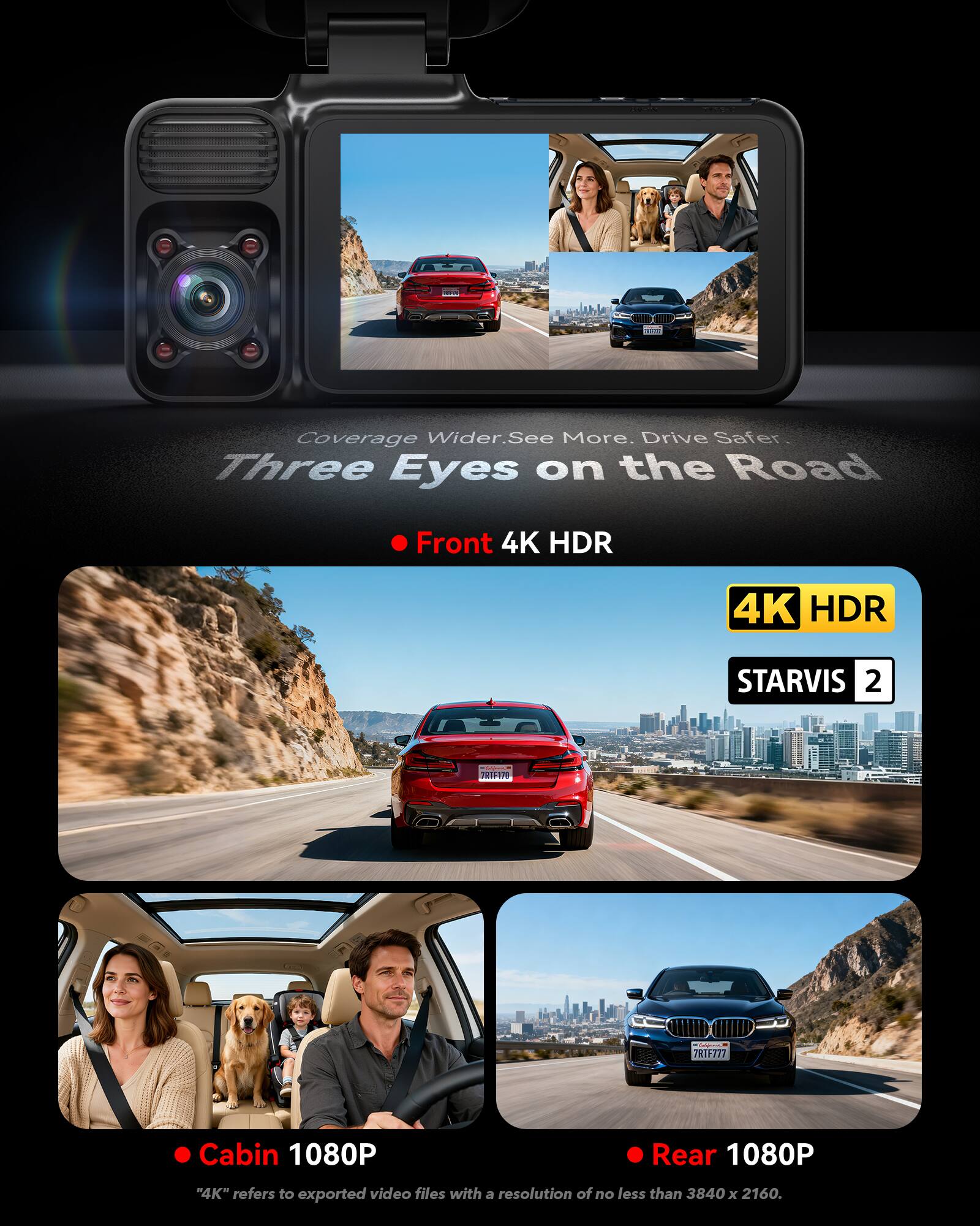 Coverage Wider. See More. Drive Safer. Three Eyes on the Road

- Front 4K HDR
- Cabin 1080P
- Rear 1080P

"4K" refers to exported video files with a resolution of no less than 3840 x 2160.