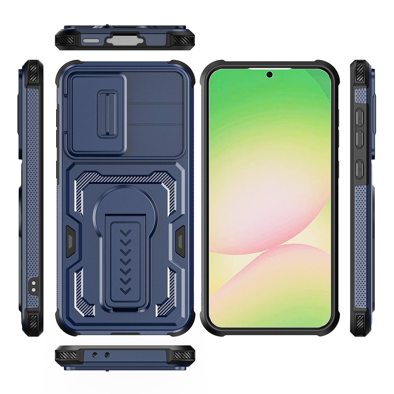 Alt View 4. Dteck - Rugged Stand Case for Samsung Galaxy A37 5G/A56 5G/A36 5G,Shockproof Heavy Duty Cover+Sliding Lens Cover+Tempered Glass - Blue.