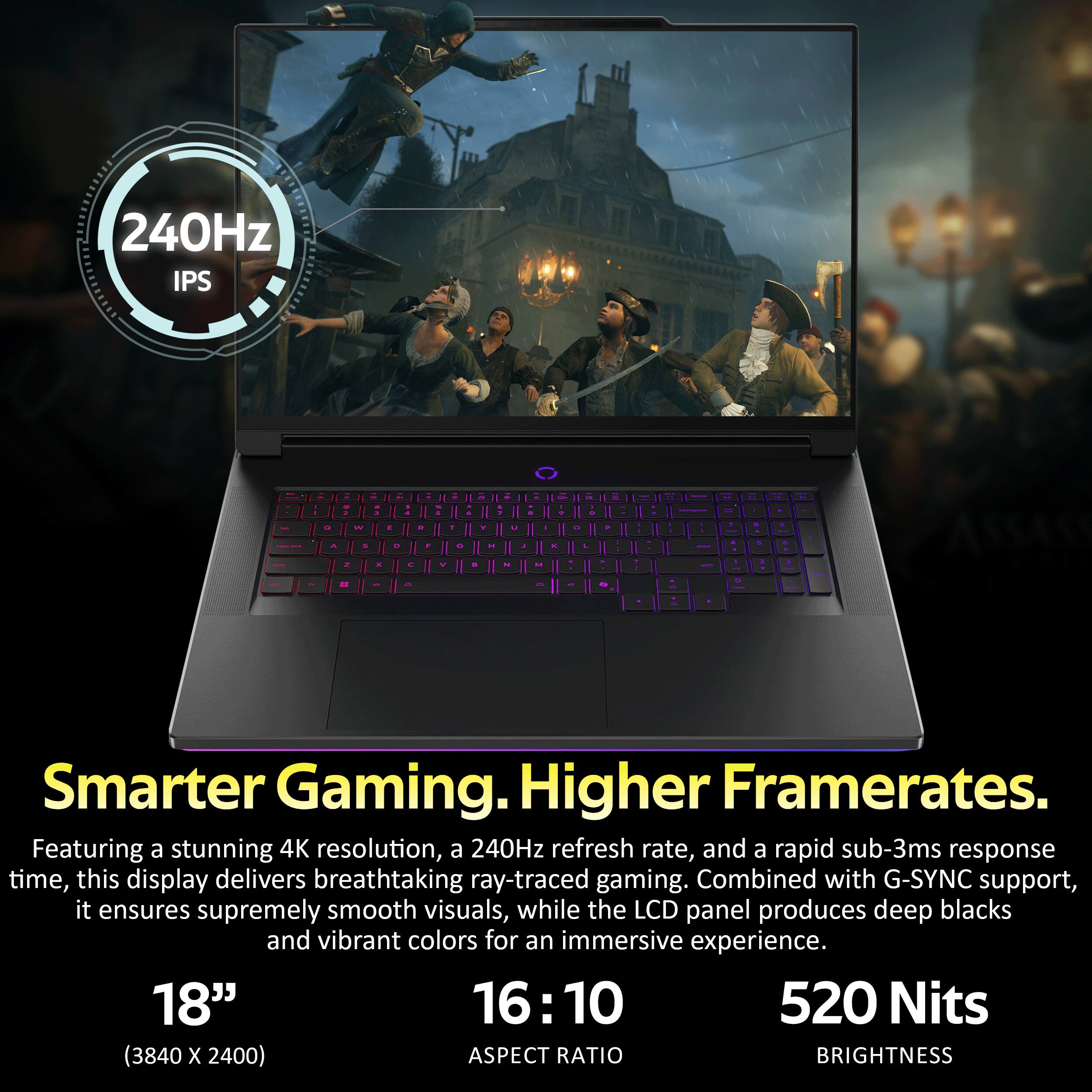 240Hz IPS

Smarter Gaming. Higher Framerates. Featuring a stunning 4K resolution, a 240Hz refresh rate, and a rapid sub-3ms response time, this display delivers breathtaking ray-traced gaming. Combined with G-SYNC support, it ensures supremely smooth visuals, while the LCD panel produces deep blacks and vibrant colors for an immersive experience. 18" 16:10 520 Nits (3840 X 2400) ASPECT RATIO BRIGHTNESS