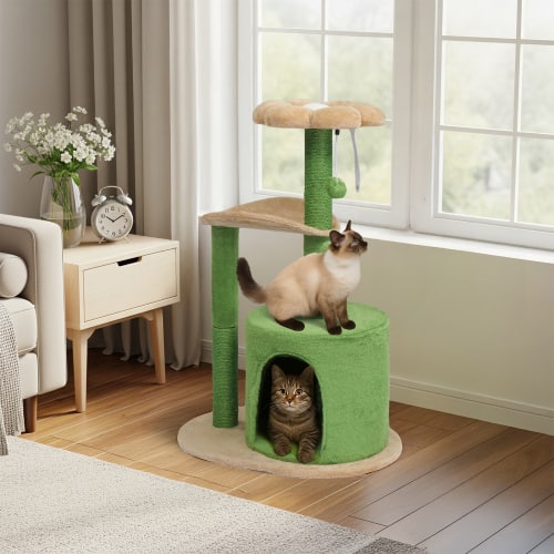 Winado - 33in Cat Tree Tower with Cat Scratching Post Condo, Toy Ball, House for Indoor - Beige & Green