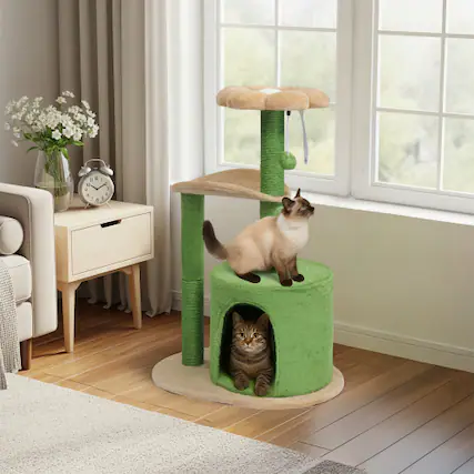 Front. Winado - Small Cat Tower 32inch Cactus Cat Tree Scratching Posts with Cozy Cat Condo, Padded Top Bed, Ball for Indoor Cats Toy - Beige & Green.