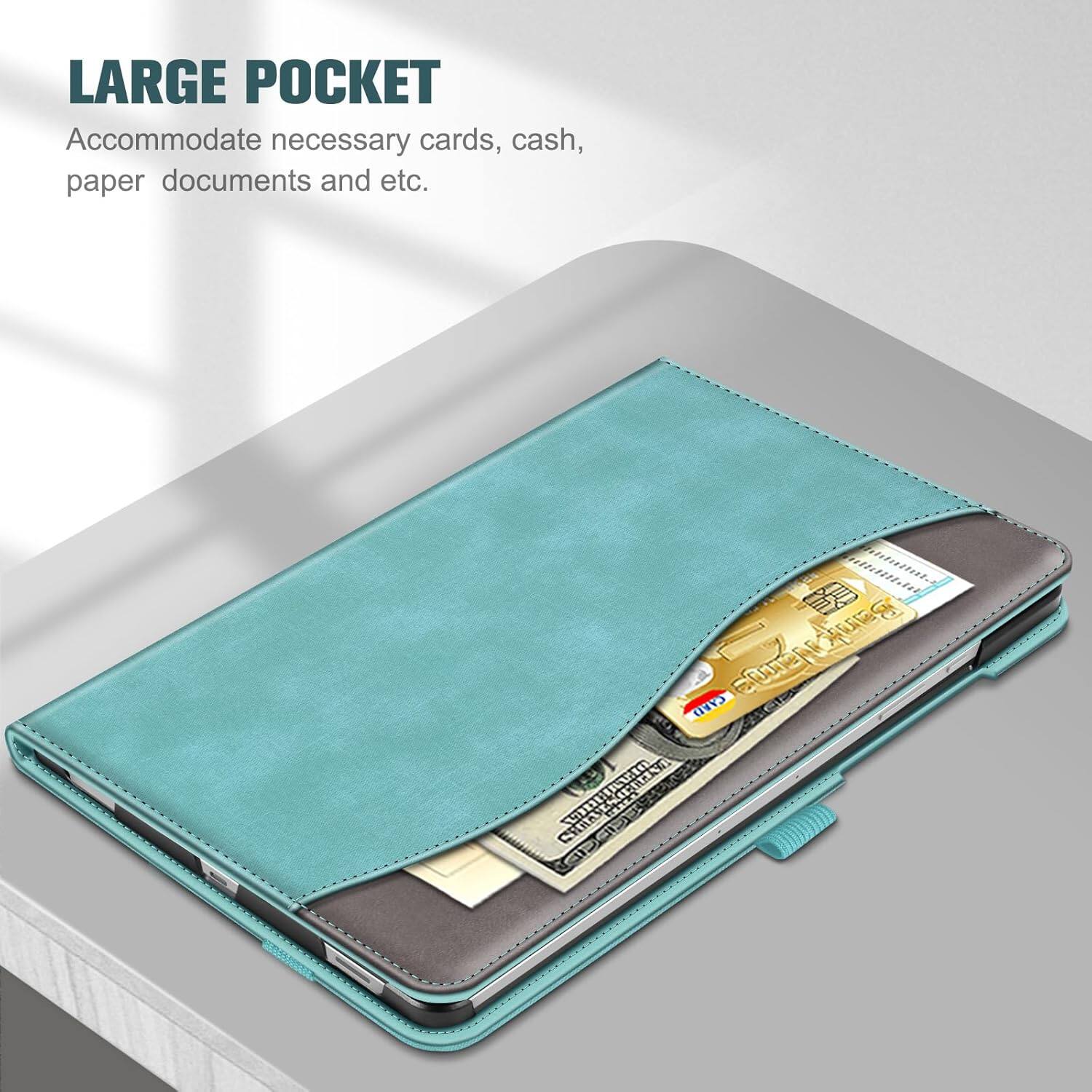 LARGE POCKET  
Accommodate necessary cards, cash, paper documents and etc.