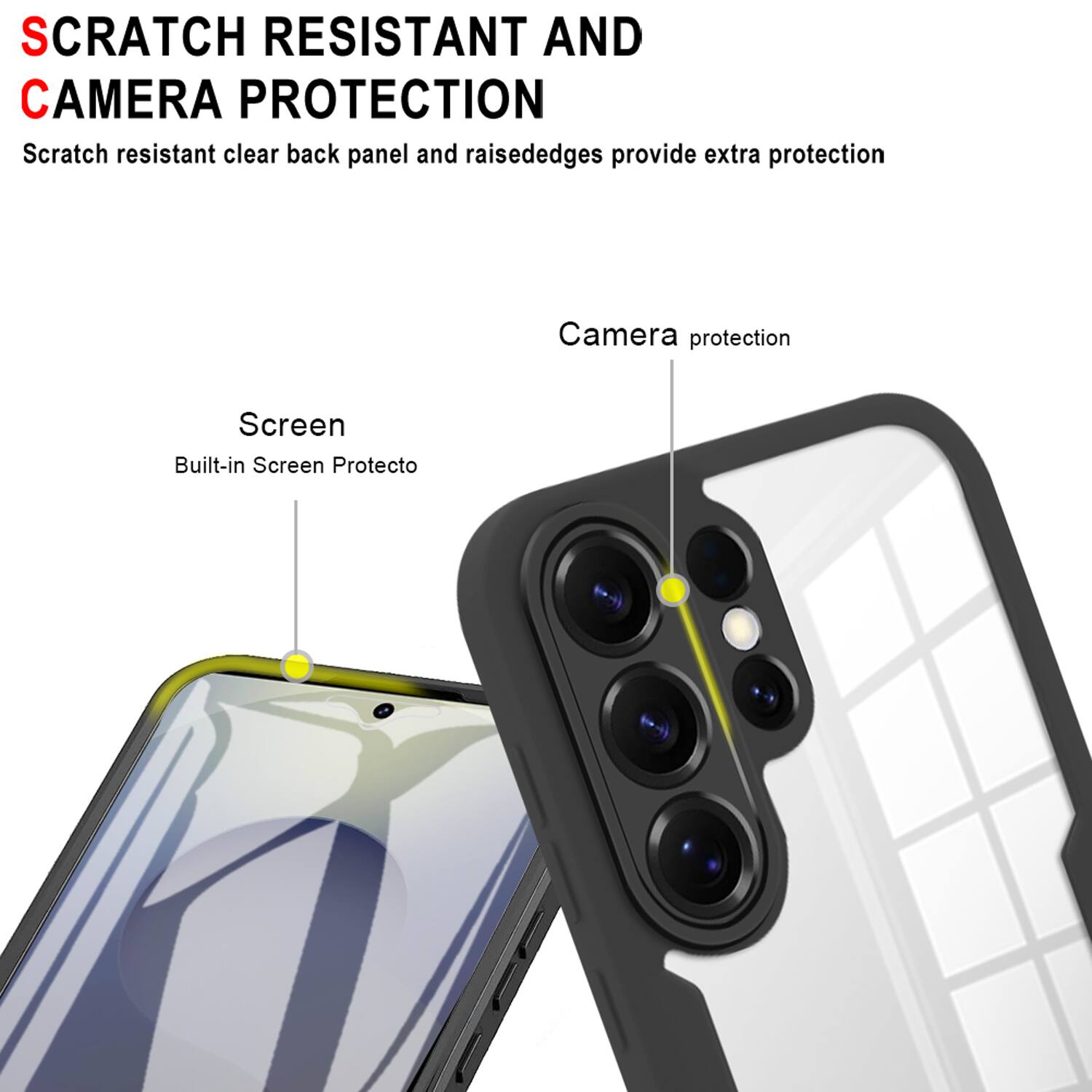 SCRATCH RESISTANT AND CAMERA PROTECTION

Scratch resistant clear back panel and raised edges provide extra protection

Screen
Built-in Screen Protector

Camera protection
