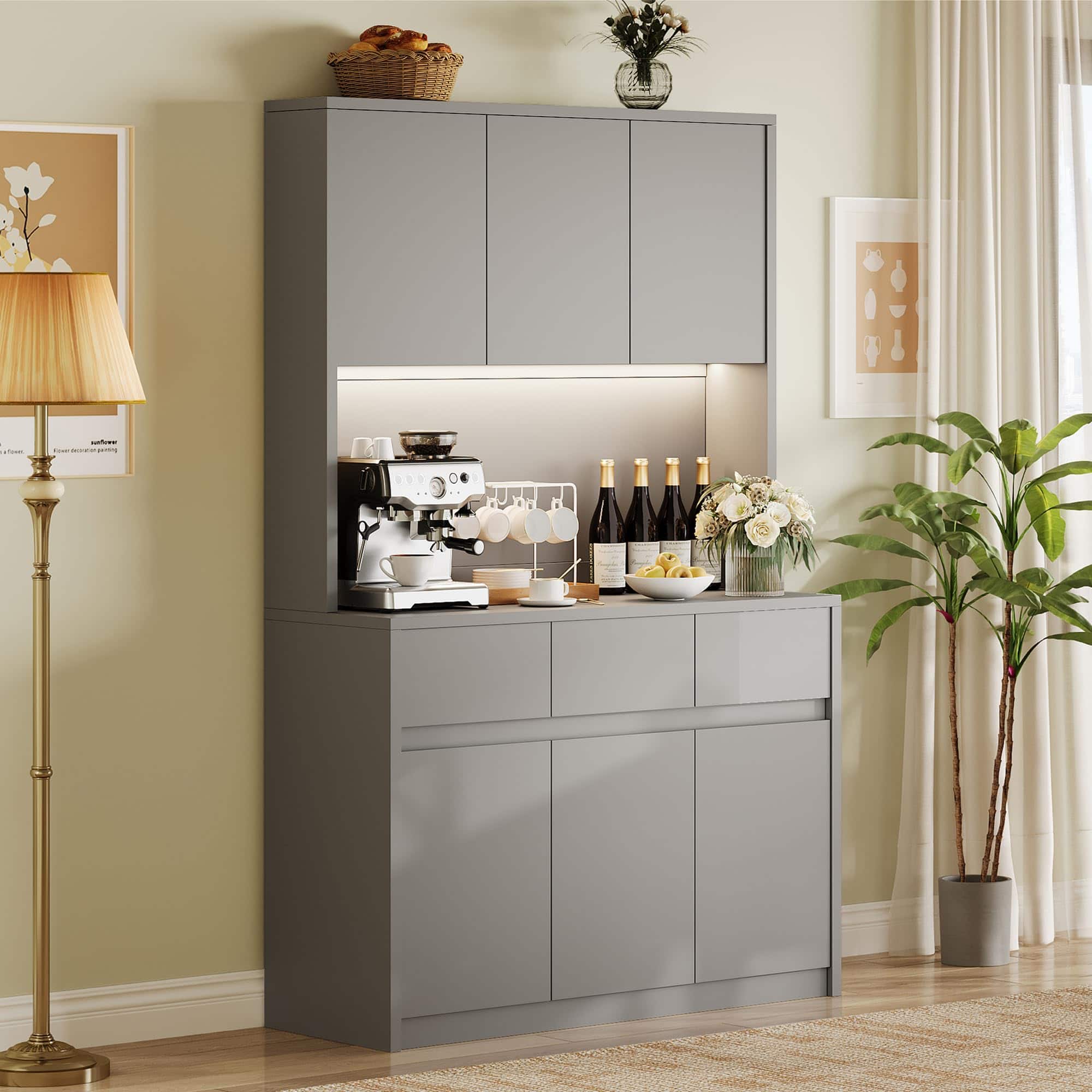 Homhougo - 71" Tall Kitchen Pantry Cabinet, Kitchen Hutch Storage Cabinet with Led Lights and Power Outlets - Gray