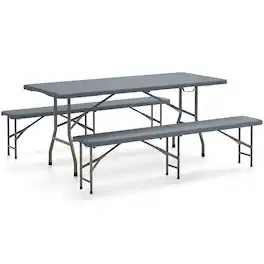 Gymax - 3 PCS Folding Picnic Table Set w/ 6 ft Table & 2 Benches HDPE Tabletop Bench Top - Gray
