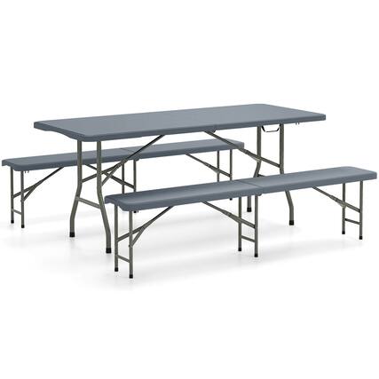 Front. Gymax - Gymax 3 PCS Folding Picnic Table Set w/ 6 ft Table & 2 Benches HDPE Tabletop Bench Top Gray - Gray.