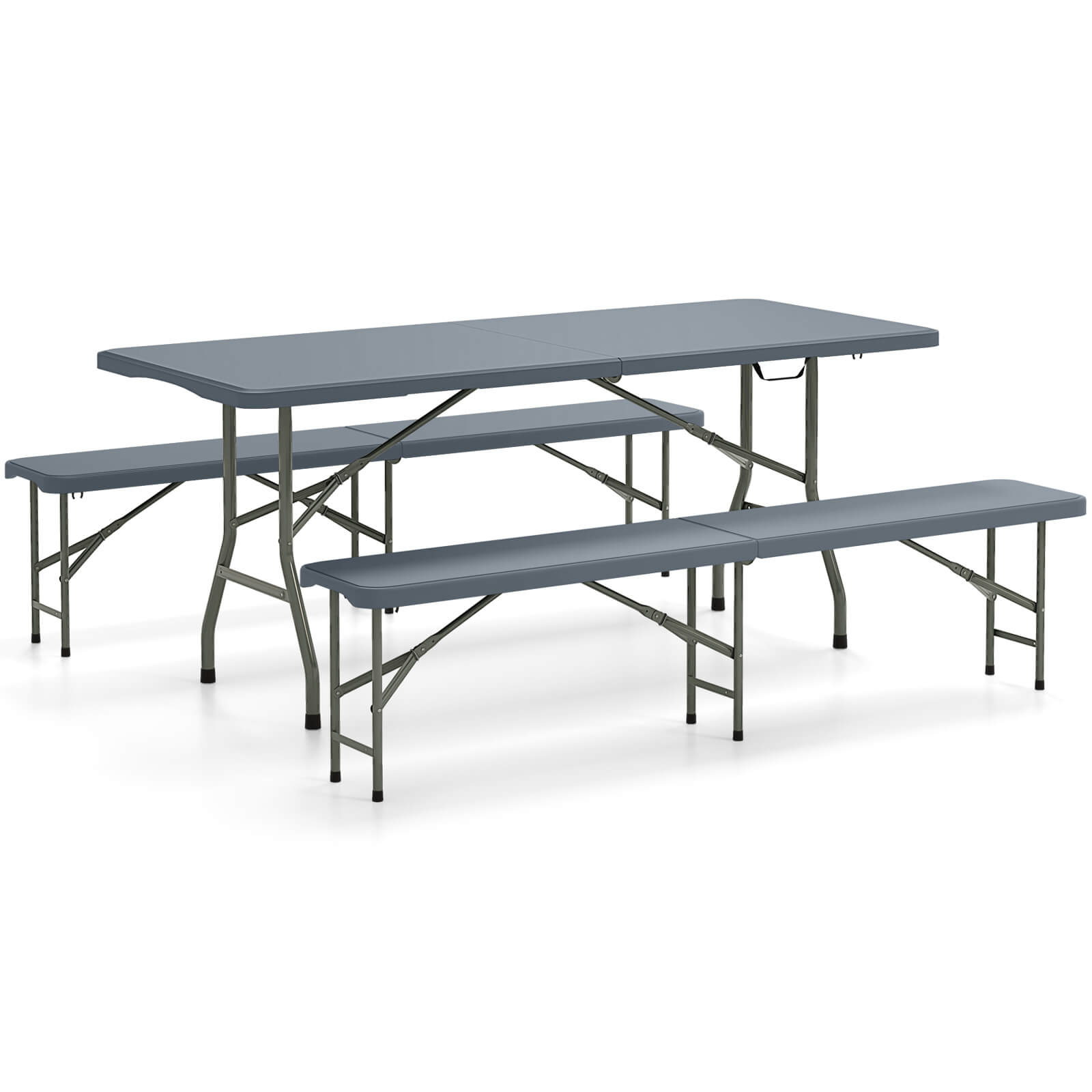 Front. Gymax - Gymax 3 PCS Folding Picnic Table Set w/ 6 ft Table & 2 Benches HDPE Tabletop Bench Top Gray - Gray.