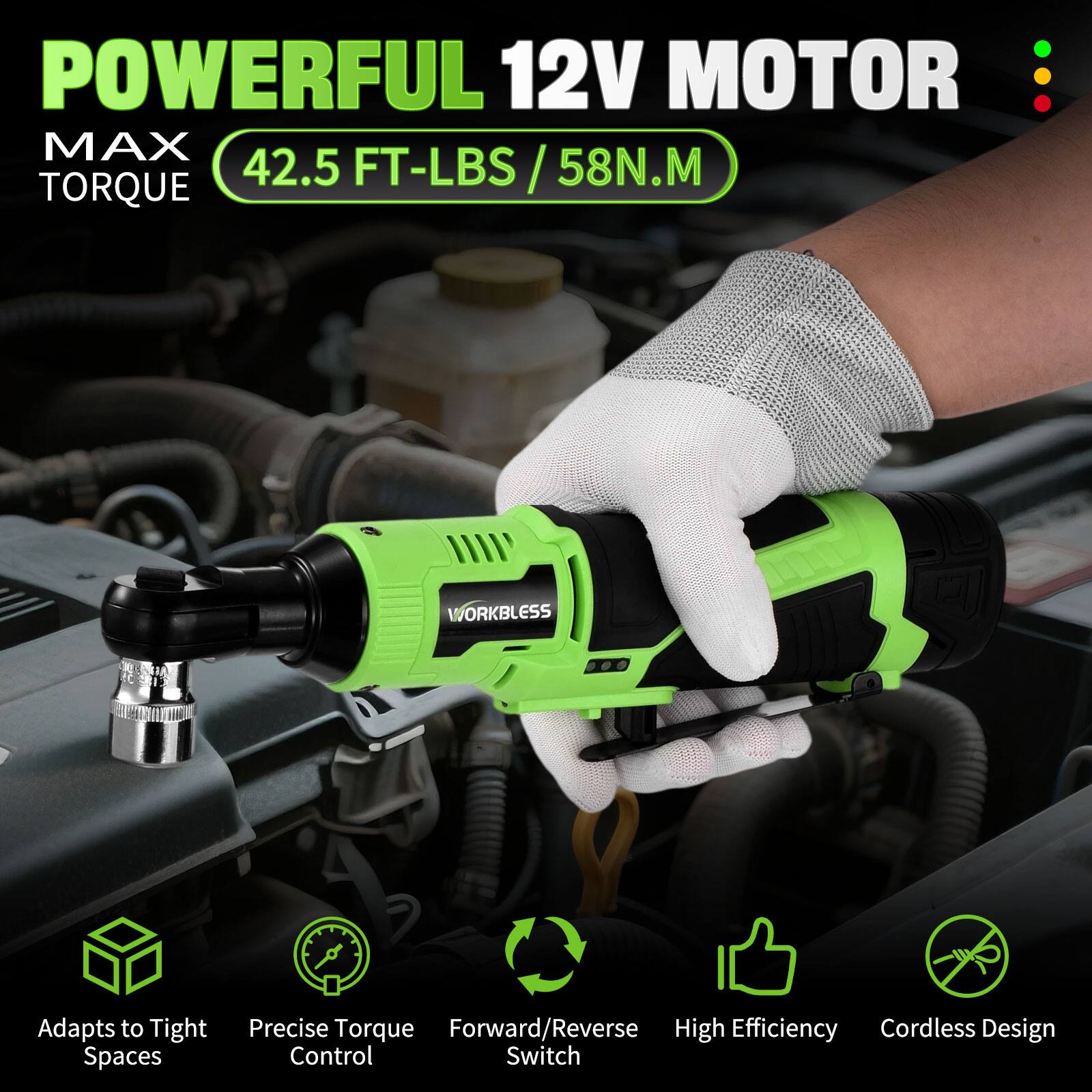 POWERFUL 12V MOTOR  
MAX TORQUE  
42.5 FT-LBS / 58N.M  

Adapts to Tight Spaces  
Precise Torque Control  
Forward/Reverse Switch  
High Efficiency  
Cordless Design
