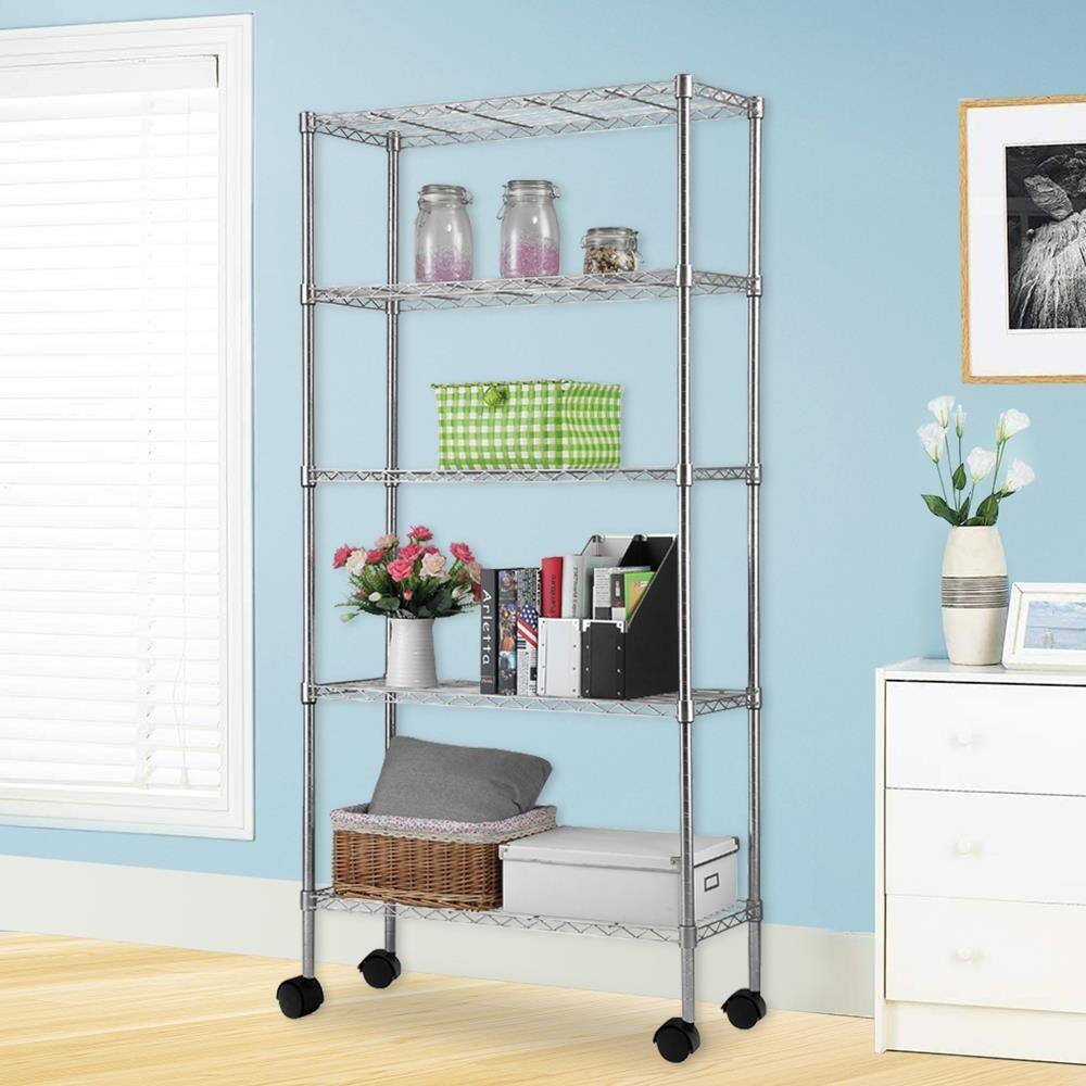 Alt View 4. Winado - 65" x 36" x 14" 5 Tier Commercial NSF Heavy Duty Storage Shelf Adjustable Wire Metal Shelving Rack Unit w/Rolling Wheels - Silver.