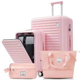 BreeBe - 4-Piece Luggage Set with USB Ports, 20" Carry-On, 28" Checked Suitcase, Travel Duffel & Toiletry Bag - Pink
