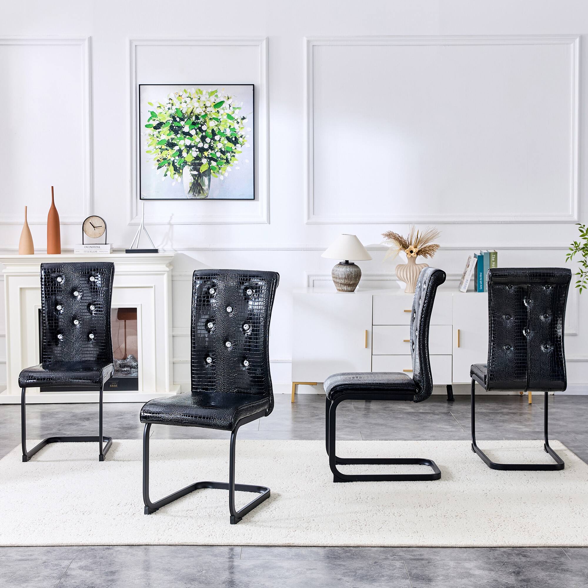 Back. Loheer - Retro Alligator Faux Leather Dining Chairs Set of 2 with Metal Bow Legs 1.37x1.87x3.30 ft - Black.
