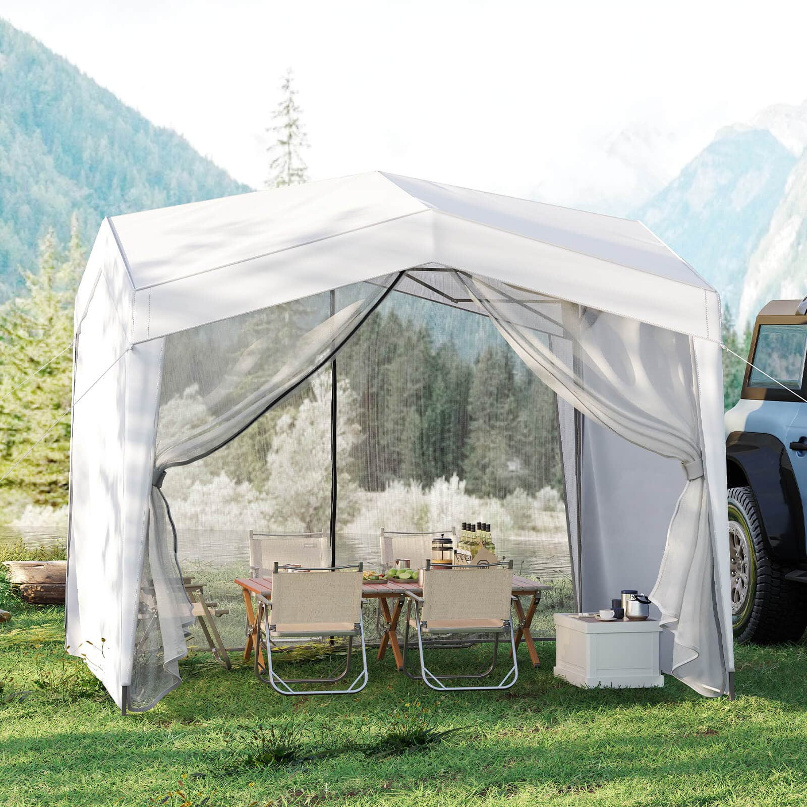 Front. Costway - Costway 10 X 10 FT Pop up Canopy Tent with 4 Sidewalls Mesh Netting Wheeled Bag 8 Stakes - White.