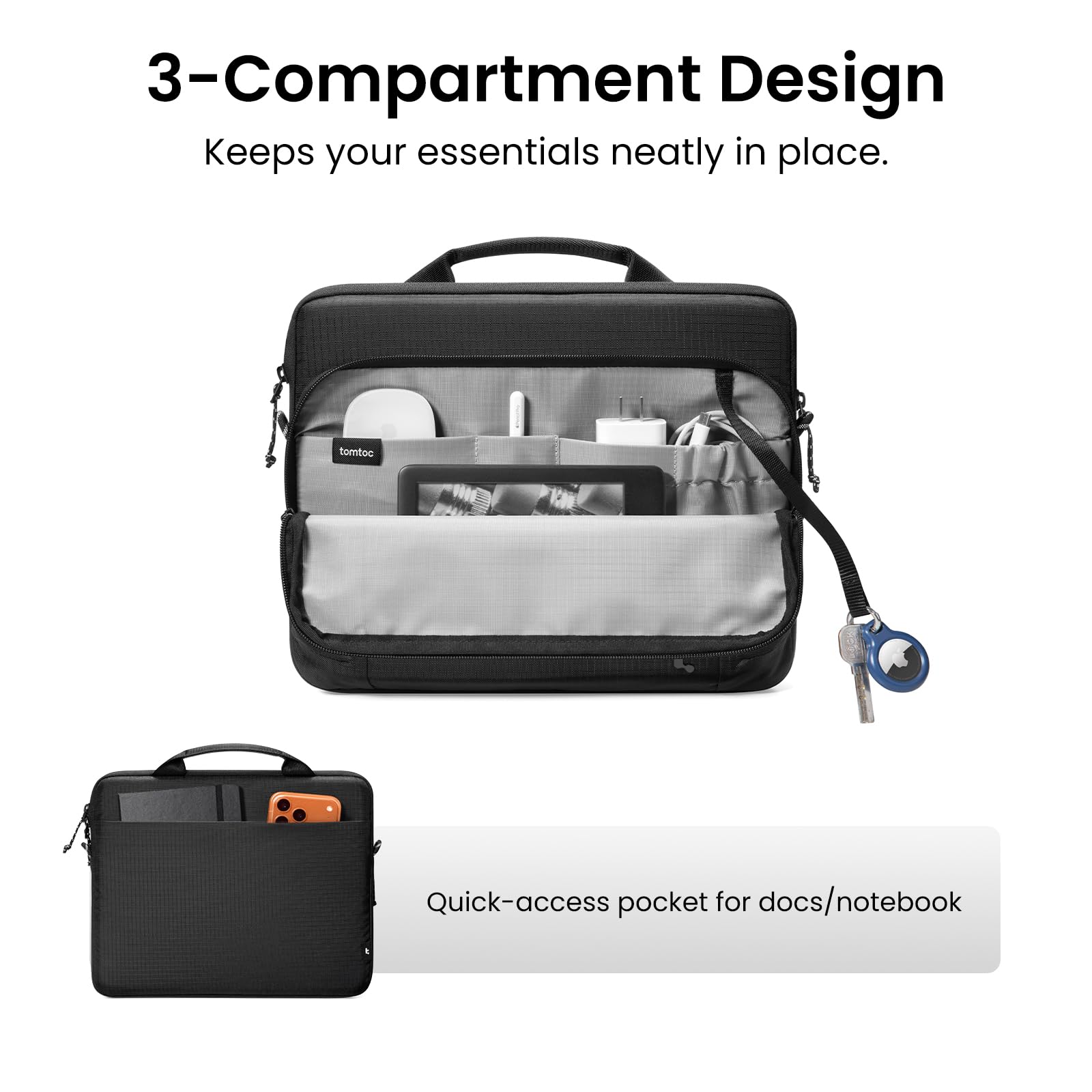 3-Compartment Design  
Keeps your essentials neatly in place.  

tomtoc  

Quick-access pocket for docs/notebook