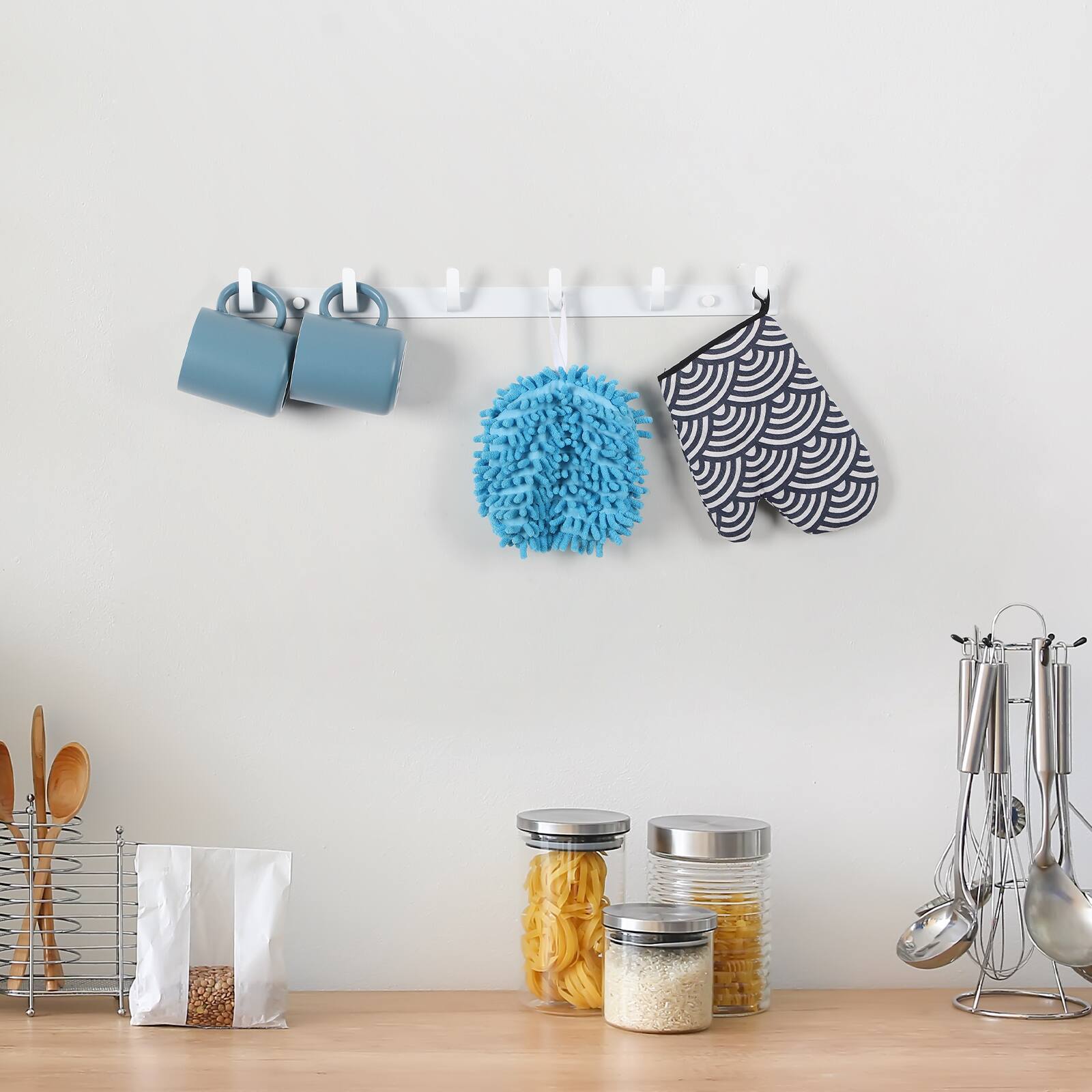 Alt View 1. Oumilen - White Metal Wall Coat Rack with 6 Hooks – No Drill Adhesive Hanger for Coats, Hats, Towels, Entryway - White.