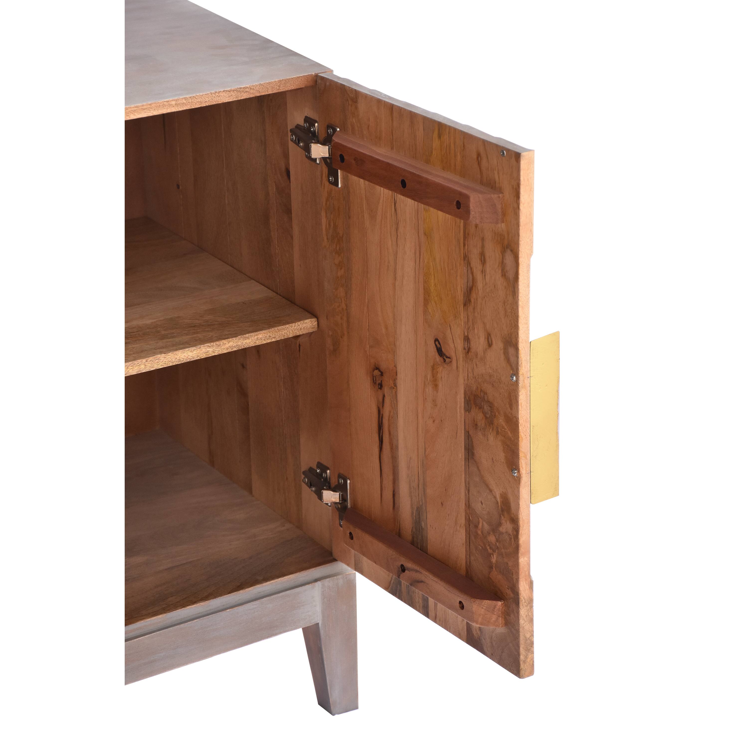 Alt View 3. Manhattan Lane - Abiel 55 Inch Mango Wood Sideboard Buffet Cabinet Console, 4 Doors, Inner Shelf, Ornate Diamond Carving - Gray, Gold.