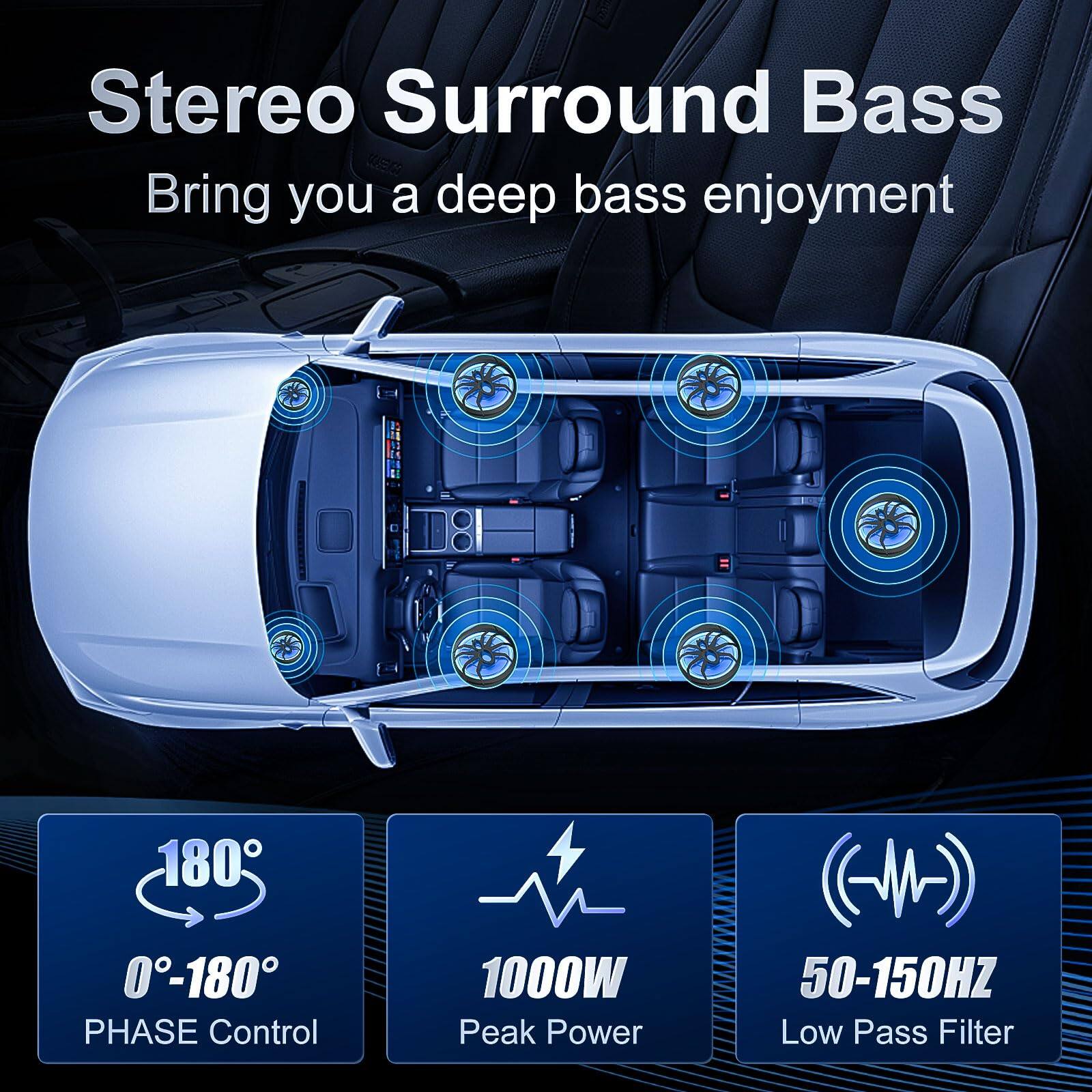 Stereo Surround Bass  
Bring you a deep bass enjoyment  

180°  
0°-180°  
PHASE Control  

1000W  
Peak Power  

50-150HZ  
Low Pass Filter