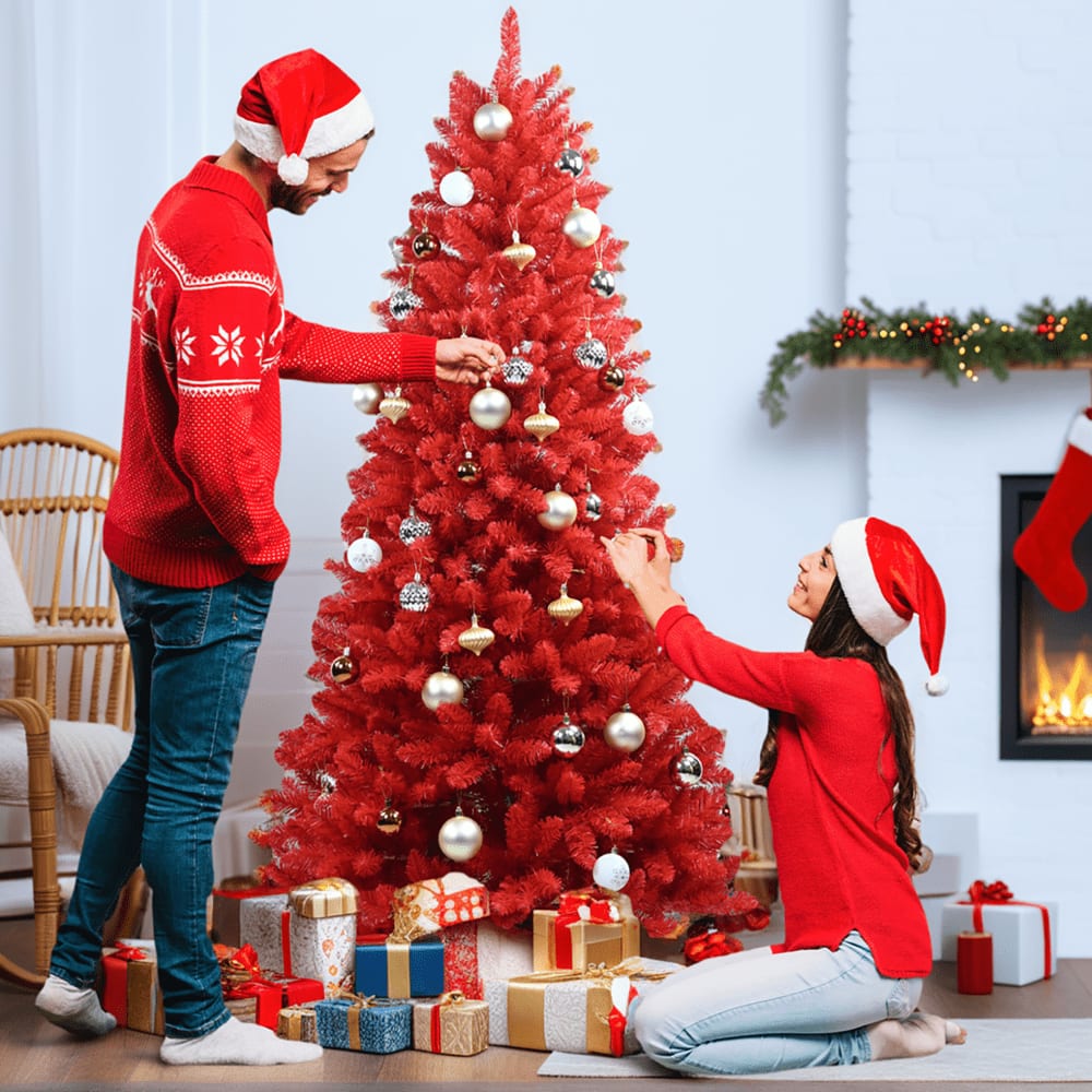 Pefilos - 4ft Christmas Tree, PVC Hinged Branches, 456 Tips, Stable Metal Stand, Indoor Holiday Decor for Christmas - Red