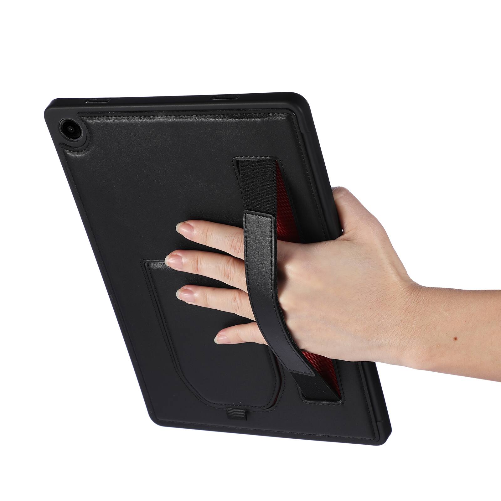 Left. Dteck - Shockproof Case for Samsung Galaxy Tab A11+ with Hand Strap and Foldable Kickstand, PU Leather TPU Protective Cover - Black.