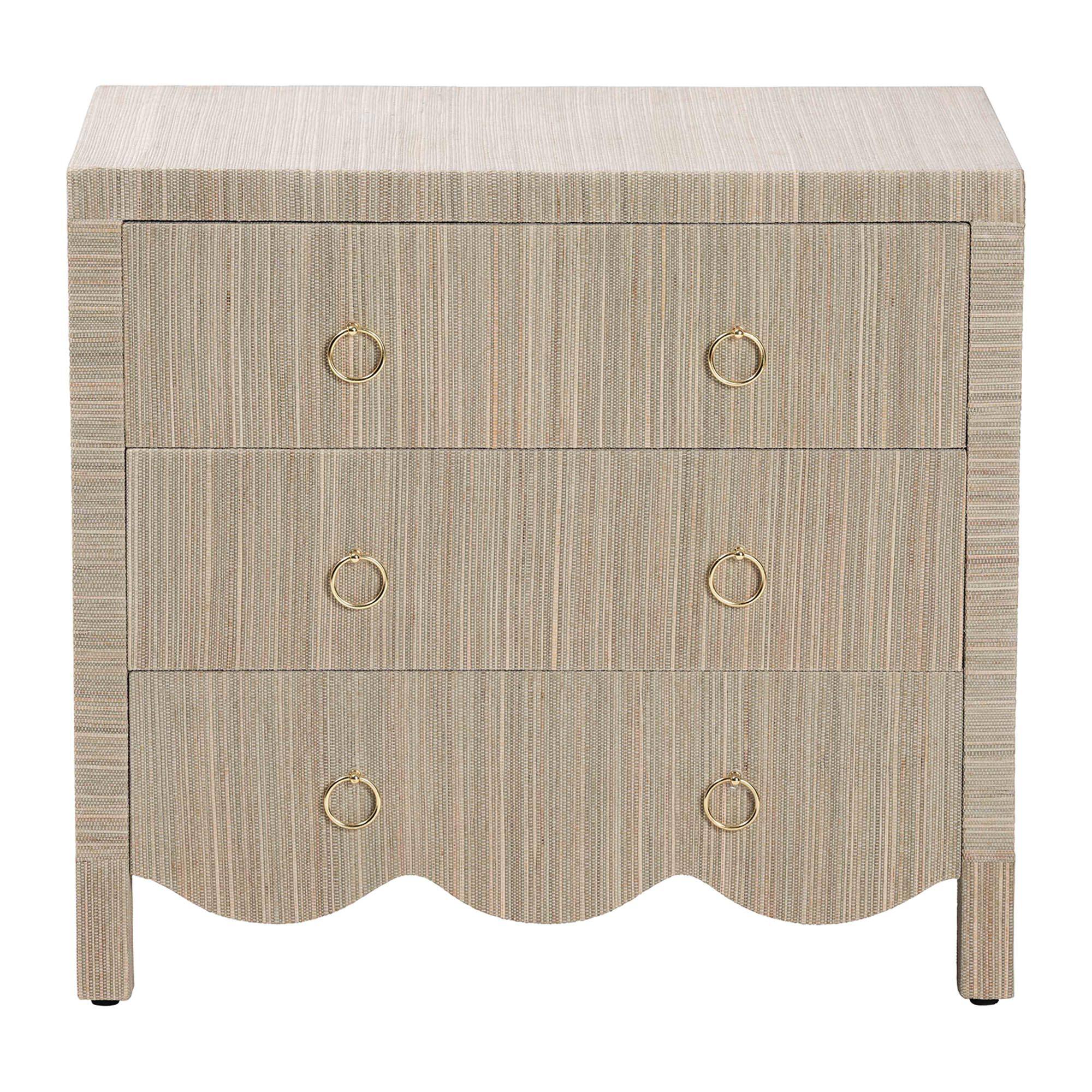 Left. bali & pari - Umika Grasscloth Nightstand with Scalloped Base - 3-Drawer Accent Chest with Gold Ring Pulls, Bedroom Storage Table - Beige/Gold.