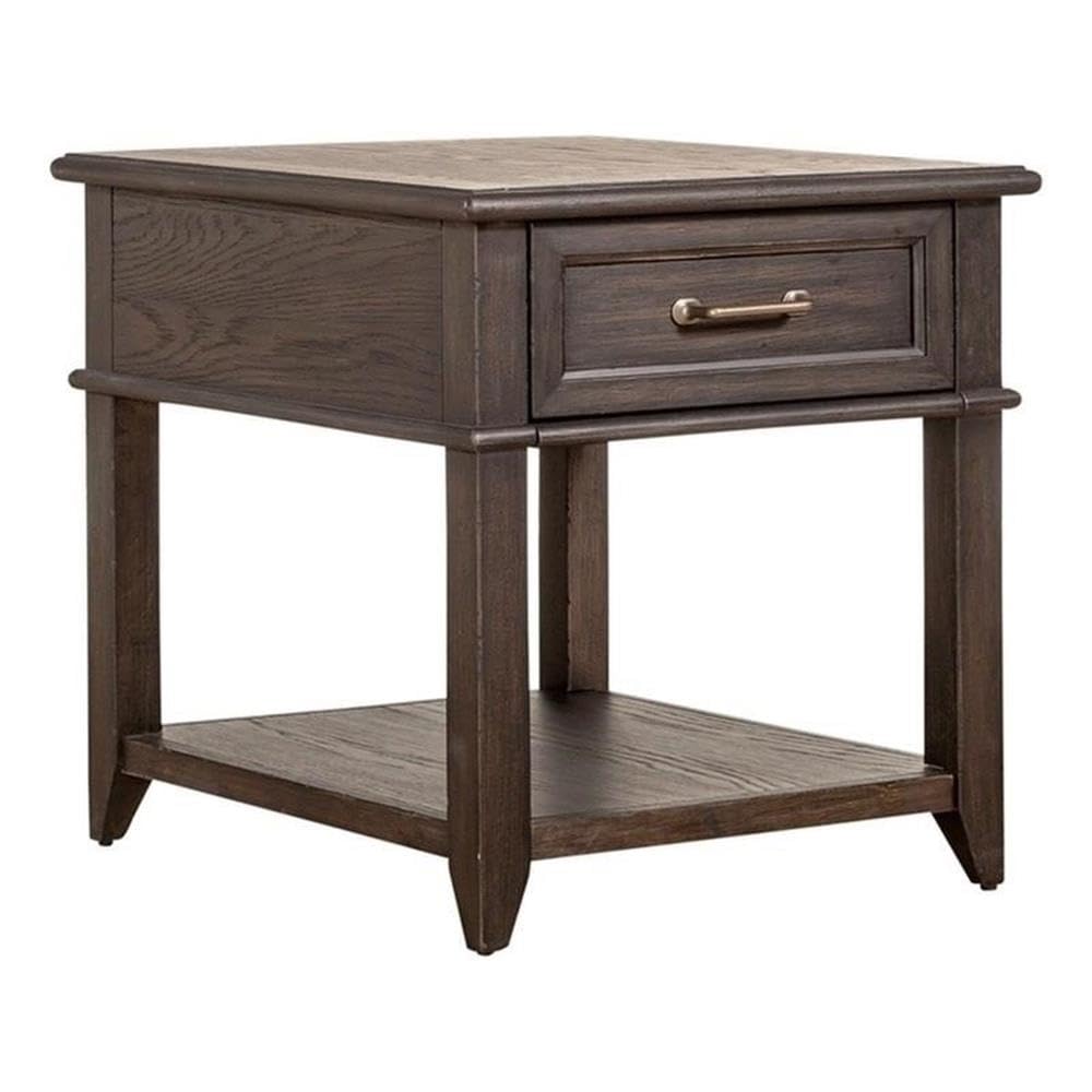 Front. Liberty Furniture Industries - Mill Creek Drawer End Table in Peppercorn - Brown.