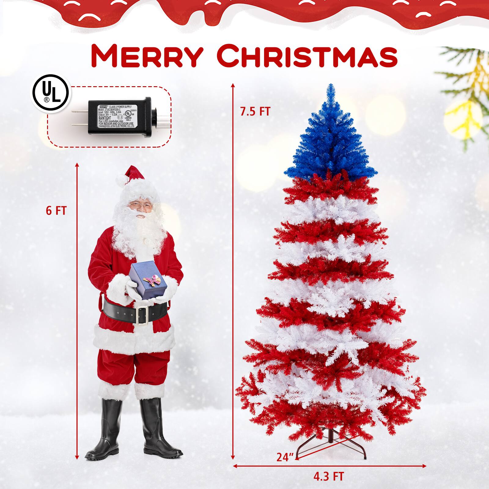 Merry Christmas! The image shows a 7.5 FT tall Christmas tree with a 24" base and a 4.3 FT width. There is also a 6 FT tall Santa Claus figure.