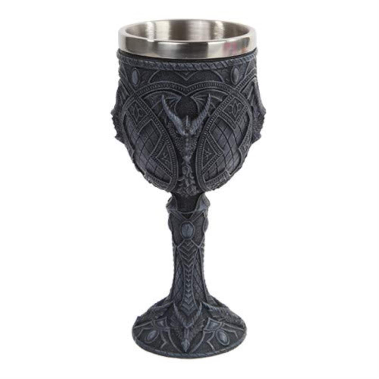 Pacific Trading - Guardian Dragon Wine Goblet Chalice Resin Body Stainless Steel Faux Stone 6 ounce - Gray