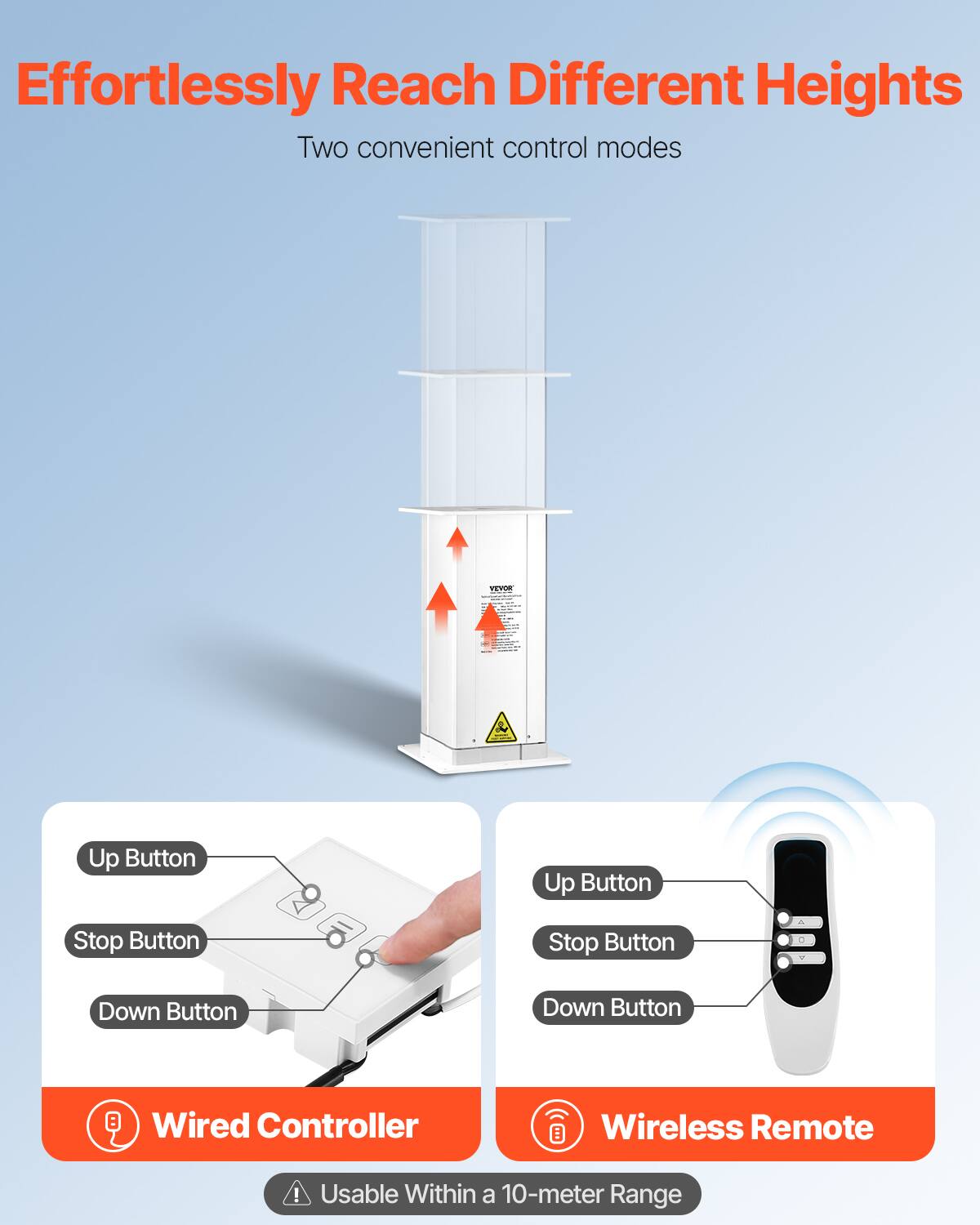 Effortlessly Reach Different Heights

Two convenient control modes

- Up Button
- Stop Button
- Down Button

Wired Controller

Wireless Remote

Usable Within a 10-meter Range