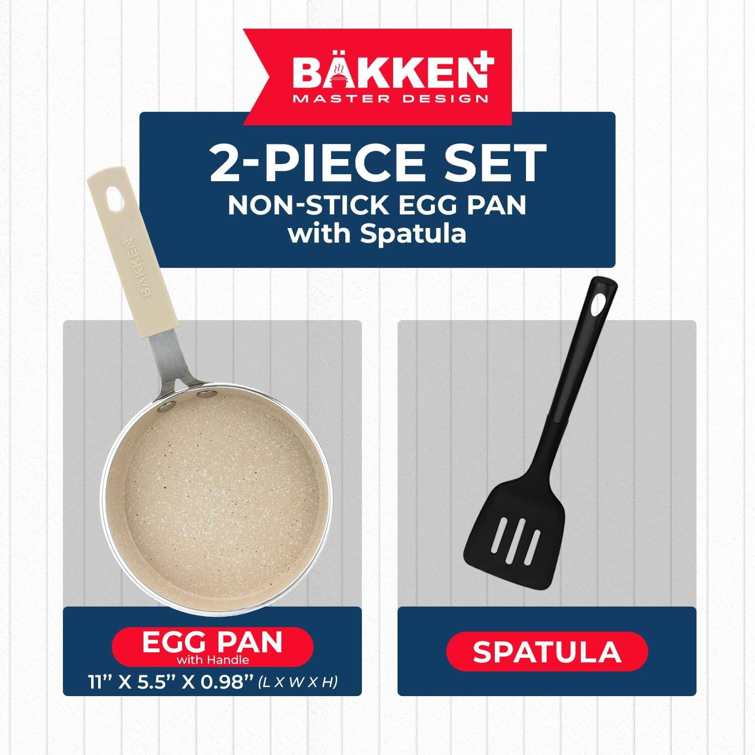 BKKEN MASTER DESIGN 2-PIECE SET NON-STICK EGG PAN with Spatula BKKEN EGG PAN with Handle 11" X 5.5" X 0.98" (LXWXH) SPATULA