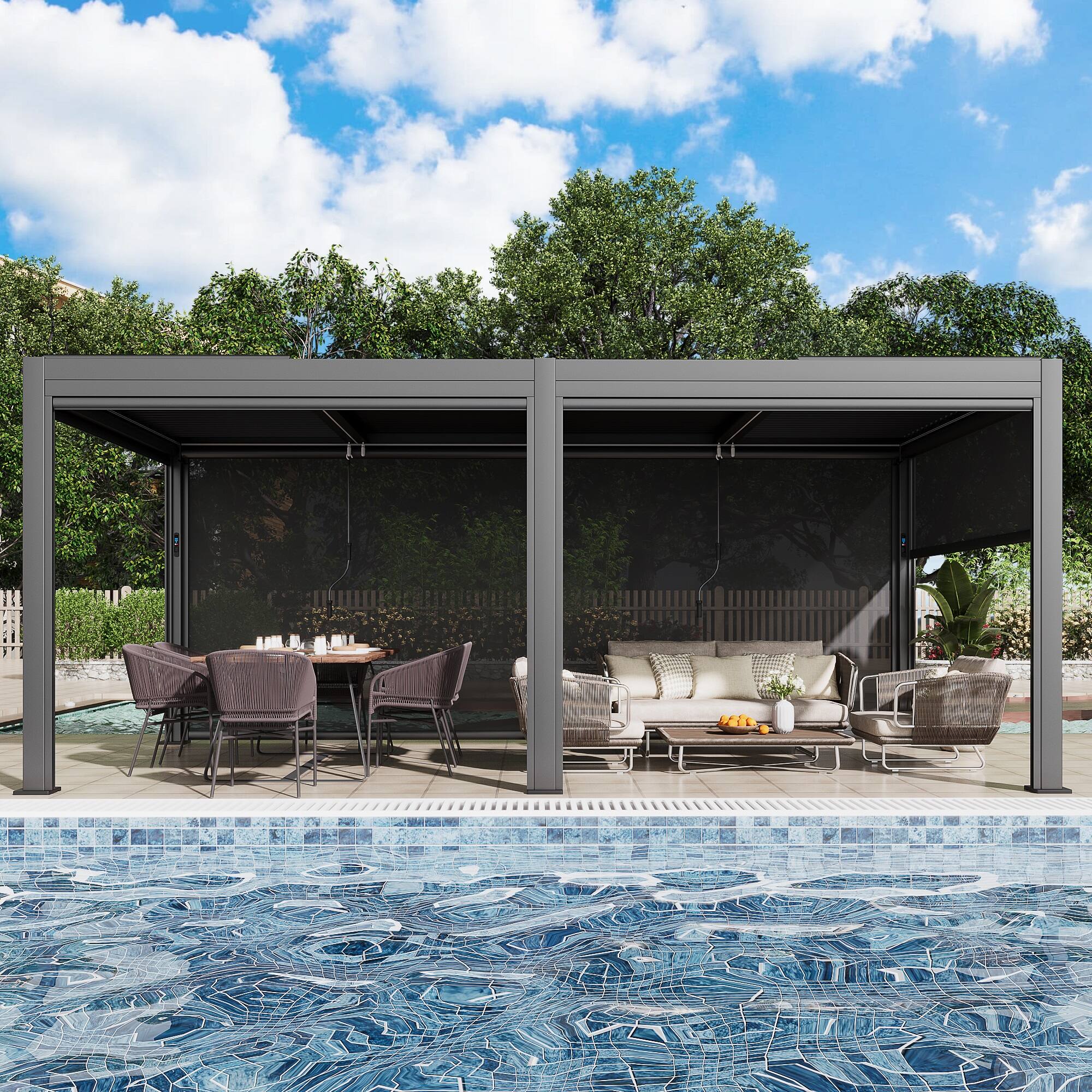 Angle. U-HOMY - 10'x20' Outdoor Aluminum Louvered Pergola Gazebo with Adjustable Rainproof Roof and Pull-Down Privacy Screen - Grey.