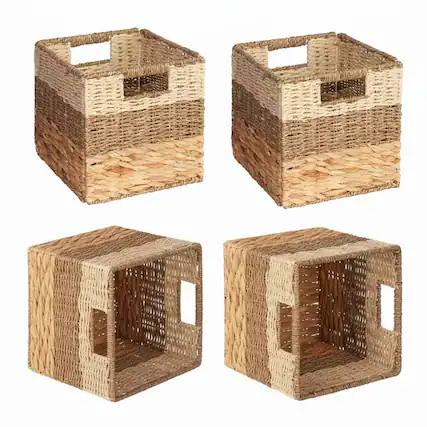 Front. Tooloton - 4-Pack Woven Rattan Storage Baskets with Handles, 10.5" Cube Organizer Bin for Shelves, Natural Pattern Design - Natural.