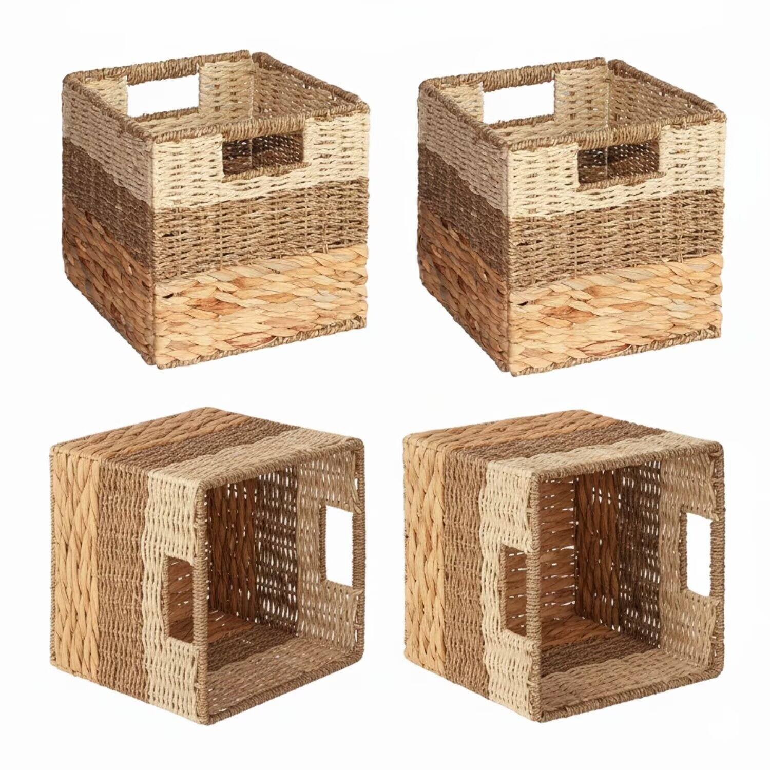 Front. Tooloton - 4-Pack Woven Rattan Storage Baskets with Handles, 10.5" Cube Organizer Bin for Shelves, Natural Pattern Design - Natural.