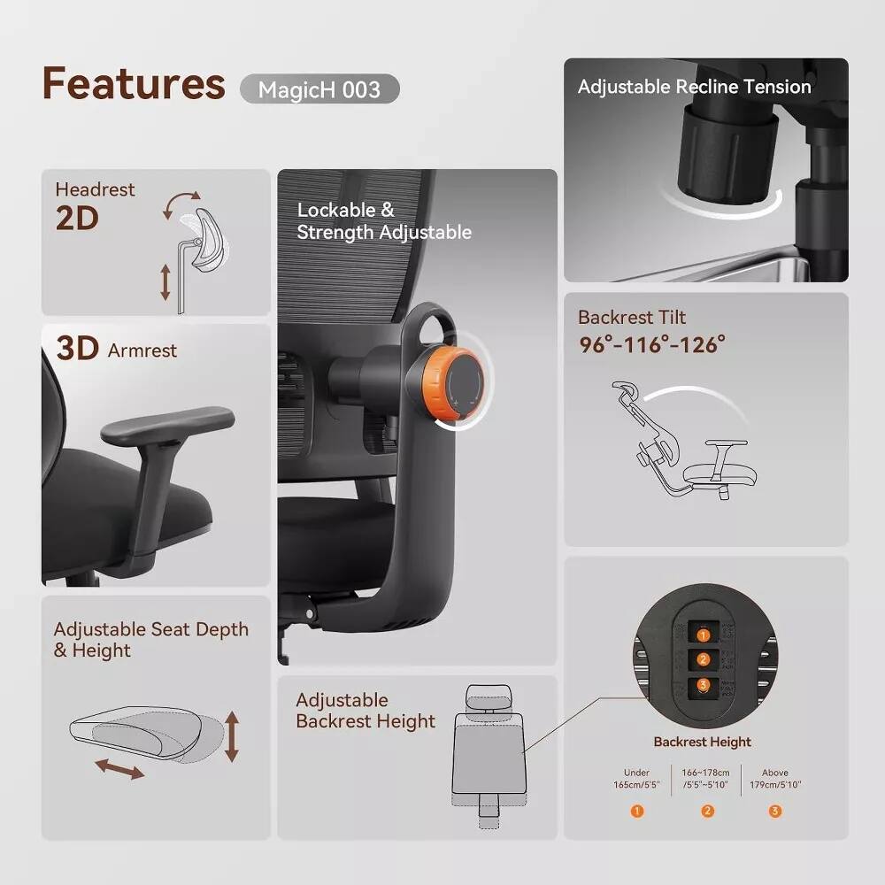 Features MagicH 003  
- Adjustable Recline Tension  
- 2D Lockable & Strength Adjustable Headrest  
- 3D Armrest  
- Backrest Tilt: 96°-116°-126°  
- Adjustable Seat Depth & Height  
- Adjustable Backrest Height  
- Backrest Height:  
  - Under 166-178cm: 5'5" - 5'10"  
  - Above 179cm: 5'10"