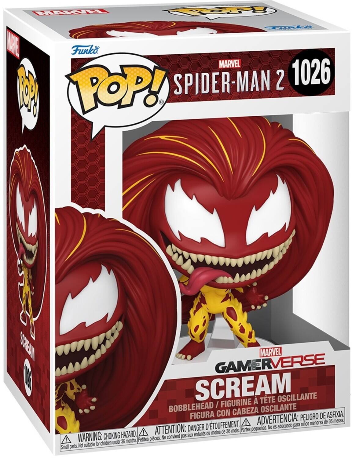 FTl TPPy Tali AE Funko MARVEL SPIDER-MAN 2 1026 M POP! K SSREA E MARVEL GAMERVERSE SCREAM TTE OSCILLANTE BOBBLEHEAD / FIGURINE OSCILANTE FIGURA CON CABEZA DE ASFIXIA ADVERTENCIA: PELIGRO DE ASFIXIA. ATTENTION: DANGER D'ÉTOUFFEMENT. Parties pequenas. No es adecuado para menores de 36 meses. CHOKING HAZARD. WARNING: Choking hazard. Small parts. Not suitable for children under 36 months. Petites pièces. Ne convient pas aux enfants.