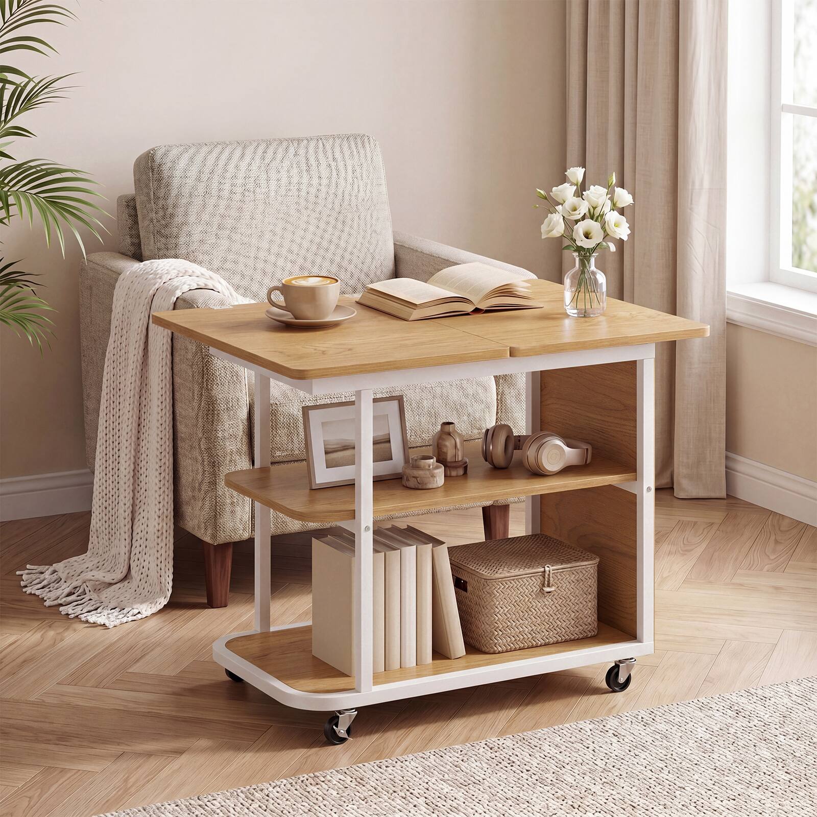 Alt View 3. Costway - Costway 2 PCS Sofa Side Table, Mobile Night Stand with Foldable Swivel Top, 2-Tier Shelf - Natural & White.