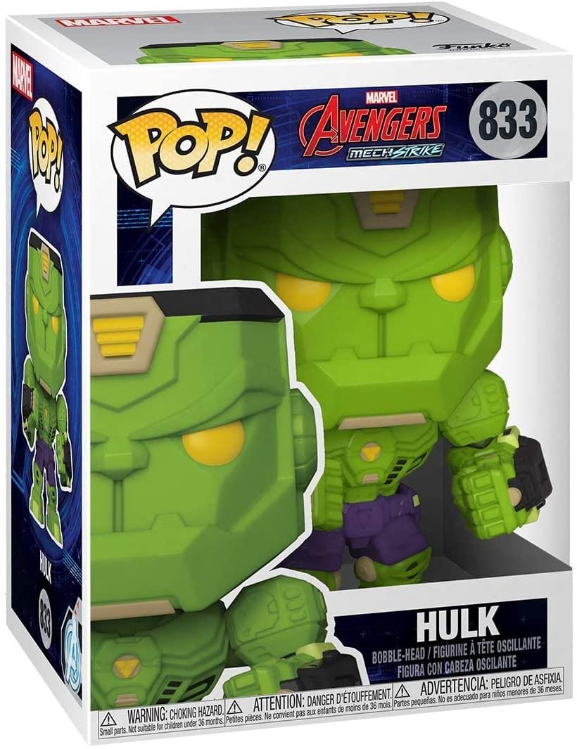 Funko Pop! Marvel Avengers Mech Strike 833  
Hulk  
Bobble-Head / Figurine à Tête Oscillante / Figura con Cabeza Oscilante  
Warning: Choking Hazard. Small parts. Not suitable for children under 36 months.  
Attention: Danger d'étouffement. Petites pièces. Ne convient pas aux enfants de moins de 36 mois.  
Advertencia: Peligro de asfixia. Pequeñas piezas. No es adecuado para niños menores de 36 meses.