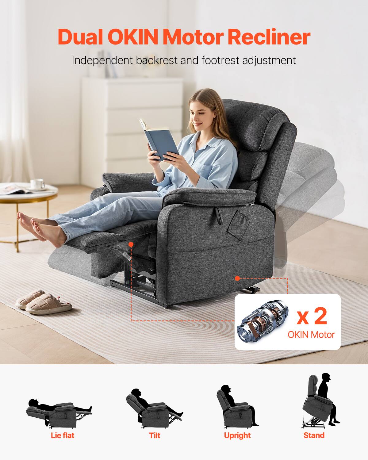 Dual OKIN Motor Recliner  
Independent backrest and footrest adjustment  

x 2 OKIN Motor  

Lie flat  
Tilt  
Upright  
Stand