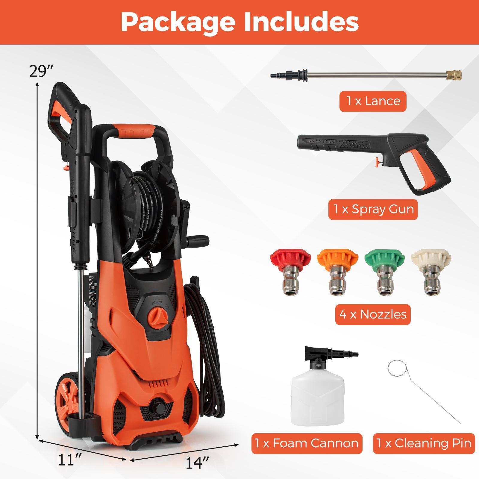 Package Includes

- 1 x Lance
- 1 x Spray Gun
- 4 x Nozzles
- 1 x Foam Cannon
- 1 x Cleaning Pin