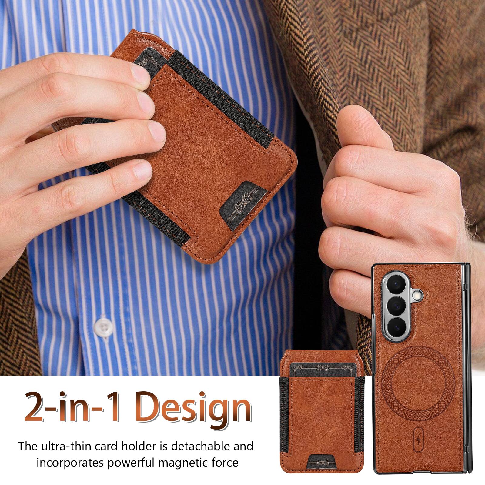 2-in-1 Design  
The ultra-thin card holder is detachable and incorporates powerful magnetic force